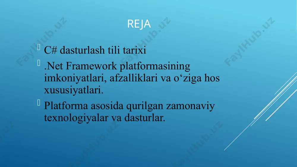 nders xeylsberg). alfa-versiya tili 2000 yil o‘rtalaridan muomala chiqarila boshlandi. c# ning genealogik tasnifi c# tili – c tilllar oilasiga kiradi va u c, java, visual basic tillari asosida gibridlangan. c# tili sintaksisi java va visual basic 6 kabidir. agar biz microsoftning mahsuloti bo’lmish .net framework 4.0 framework software development kit (sdk) yoki visual studio 2010, 2013 ni o’rnatsak, .net platformasi asosida c#, f#, jscript .net, visual basic, c++/cli tillarida dasturiy mahsulot yaratishimiz mumkin. c# tili .net framework ning ikki muhim tashkil etuvchilaridan foydalanadi. muhitning umumiy tilidan foydalanish (common language runtime, clr). ushbu mexanizm ilovani joriy qilinishini boshqaradi va .net framework kutubxonalarini taqdim etadi. dasturlarga ijro muhitiga kirish imkonini beruvchi .net sinflar kutubxonasi xotirani boshqarish. ko’plab dasturlash tillarini ishlab chiqishda mustaqil ravishda xotirani belgilash va uni boshqarish, obyektlar yashash vaqti bilan aloqasini o’rnatish kabi savollar yechimi berilgan. .net framework platformasi ilovalarining clr muhitida bu servis avtomatik ravishda taqdim etiladi; umumiy …