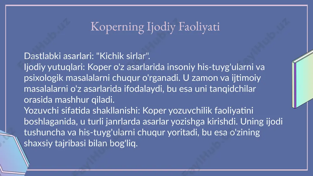a "izquvar" romani ko'plab yozuvchilar uchun ilhom manbai bo'lib xizmat qilmoqda. uning temalari va uslubi, yangi avlod ijodkorlariga kuchli ta'sir ko'rsatmoqda. shuningdek, feminist tahlil usullari ham "izquvar" romanining qahramonlari va ularning ichki muammolarini anglashda yordam beradi. "izquvar" romani o'quvchilar va adabiyotga katta ta'sir ko'rsatdi. asar o'quvchilarning his-tuyg'ulariga ta'sir etib, ularni ijtimoiy muammolar bilan tanishtirdi. roman, shuningdek, adabiyotda o'z davrining muammolarini ochib berishi bilan muhim o'rin egalladi. romaning tahlilida strukturalizm, postmodernizm va psixoanalitik metodologiyalar qo'llaniladi. bu metodologiyalar asarning strukturasi va simvolizmini chuqurroq o'rganish imkonini beradi. photo by ashkan forouzani on unsplash 01 03 02 04 xulosa koper ko'plab asarlar yozib, adabiyotda muhim yutuqlar qo'lga kiritgan. koperning uslubi va mavzulari zamonaviy adabiyotda ta'sir ko'rsatgan. koper 1830 yilda tug'ilgan, adabiyotga qiziqishi bolaligida boshlangan. izquvar romani hayotiy muammolarni o'rganadigan qahramonlarga ega. photo by ashkan forouzani on unsplash 01 03 02 04 e'tiboringiz uchun rahmat! designed by slides carnival image1.png image2.png image3.png image10.jpeg image4.png image5.png …