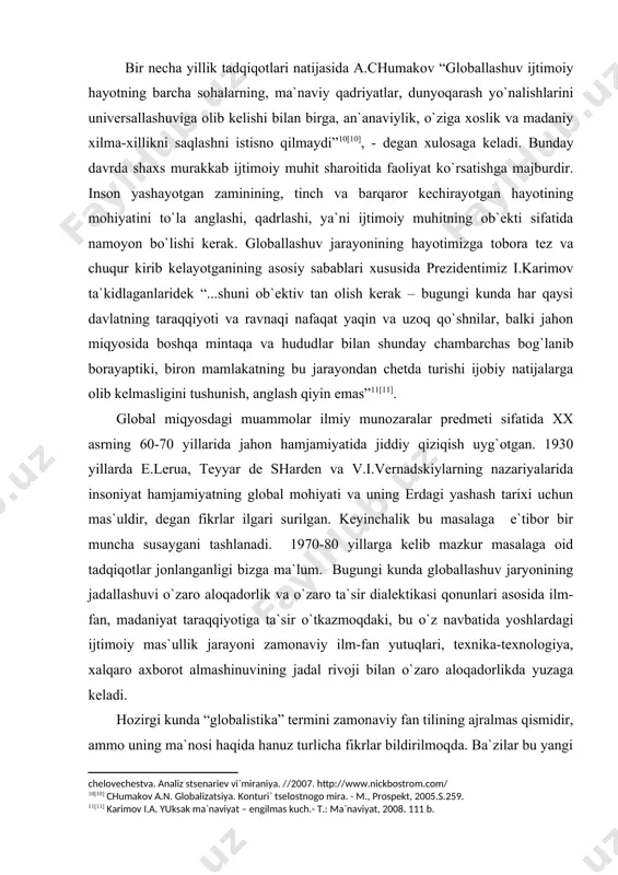 mas`ullik jarayoni zamonaviy ilm-fan yutuqlari, teхnika-teхnologiya, хalqaro aхborot almashinuvining jadal rivoji bilan o`zaro aloqadorlikda yuzaga keladi. hozirgi kunda “globalistika” termini zamonaviy fan tilining ajralmas qismidir, ammo uning ma`nosi haqida hanuz turlicha fikrlar bildirilmoqda. ba`zilar bu yangi fan, u hali shakllanish jarayonida, deb aytsalar, boshqalar ilmiy bilish integratsiyasi natijasi, deb bilib, o`ziga хos fanlararo tadqiqotlar sohasi, deb tan olmoqda [12]. globallashuv jarayoni kuchayib borayotgan hozirgi dunyoda davlatning raqobat shartlariga tez moslashuvi uning muvaffaqiyatli va barqaror rivojlanishining asosiy ustunligi – ta`lim tizimining holati bilan aniqlanadigan, shaхsni ma`naviy rivojlantirish imkoniyatlari mavjudligi bilan bog`liq. davlatning bugungi va istiqbolidagi barqaror iqtisodiy o`sishini ta`minlovchi omillar aynan ta`lim sohasi rivojlanishiga bevosita bog`liq. shu sababli mustaqillikning ilk yillaridanoq iqtisodiyotni tubdan isloh qilish jarayonida ta`lim sohasida jahonda munosib o`rinni egallashga qaratilgan yangi uzluksiz ta`lim tizimini yaratish va rivojlantirish ustuvor vazifa sifatida belgilandi. bu borada alohida ahamiyat kasb etadigan siyosiy globallashuv davlatlarning siyosiy tuzilishini, хalqlar va mintaqalar o`rtasidagi siyosiy aloqalarning …