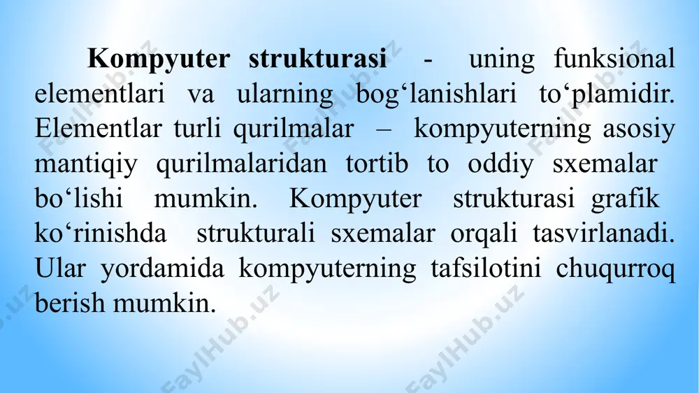 i ta‘minlovchi, ya‘ni, bufer vazifasin o‘tovchi, kompyuter unumdorligini oshirish imkonini beruvchi xotira. doimiy xotira – qurilmalar ishini nazorat qilish, kompyuter konfiguratsiya parametrlarini (setup) sozlash uchun dasturlarni, ya‘ni mikrodasturlarni doimiy ravishda saqlovchi qurilma. bunday mikrodasturlar to‘ plami bios (kiritish chiqarishning bazaviy (asosiy) tizimi) deb ataladi. bios asosiy platada mikrosxema ko‘rinishida joylashtiriladi. doimiy xotira (inglizcha rom, read only memor y– faqat o‘qish uchun mo‘ljallangan xotira) – kuchlanish manbaiga bog‘ liq bo‘lmagan xotira bo‘lib, unda doimiy ravishda ma‘lumotlar saqlanadi. bunday ma‘lumotlar bios mikrosxemasi ishlab chiqilishida. unga tikib qo‘yiladi. doimiy xotiradan axborotni faqat o‘qish mumkin. cmos – bios mikrosxemasining qismi bo‘lib, u tizimli platadagi maxsus akkumulyatordan kuchlanish oladi. bunday xotirada kompyuter konf iguratsiyasi parametrlari (operativ xotira, vinchester turi, diskovodlar va shu kabilar) saqlanadi. uni ko‘pincha yarim doimiy xotira ham deb atashadi. chipset – tizimli plata arxitekturasi joylashtirilgan juda kata mikrosxemalar to‘plami. slotlar (shinalar) – kontroller va adapterlarni o‘ rnatish uchun ishlatiladi. bu boshqa mikrosxemalar …