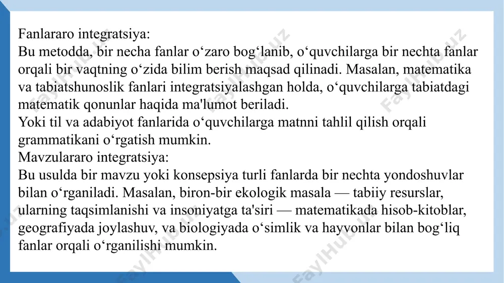 al qilishdagi ijodkorlik va guruh ishlari orqali o‘zaro o‘rganishning samaradorligi baholanadi. 3.boshlang‘ich sinflarda integratsiyalashgan darslarni rejalashtirish. boshlang‘ich sinflarda integratsiyalashgan darslarni rejalashtirish — bu turli fanlarni birlashtirish va o‘quvchilarga bir vaqtning o‘zida bir nechta mavzuni o‘rganishga imkon beradigan metodik yondoshuvni anglatadi. bu jarayonni muvaffaqiyatli rejalashtirish o‘quvchilarning fikrlash qobiliyatini kengaytiradi, fanlar o‘rtasidagi bog‘liqlikni tushunishga yordam beradi va o‘qitish samaradorligini oshiradi. boshlang‘ich sinflarda integratsiyalashgan darslarni rejalashtirish bosqichlari: dars maqsadlarini belgilash: maqsadlarni aniqlash — bu o‘quvchilarga qanday bilimlar, ko‘nikmalar va qobiliyatlar berilishi kerakligini aniqlashdir. integratsiyalashgan darsda bir nechta fanlarni o‘zaro bog‘lashda maqsadlarni aniq va ravshan belgilash zarur. misol: agar mavzu "tabiat va inson" bo‘lsa, unda maqsad quyidagicha bo‘lishi mumkin: o‘quvchilar tabiatning ahamiyatini tushunishlari kerak. o‘quvchilar ekologik masalalar va ularni hal qilish usullari haqida bilishlari kerak. o‘quvchilar ekologik mavzuda yozma ishlar yoki rasm chizish orqali o‘z fikrlarini ifodalashlari kerak. fanlarni tanlash va integratsiyalashgan mavzuni aniqlash: darsda integratsiya qilinadigan fanlar bir-biriga mos va o‘zaro bog‘liq bo‘lishi …
