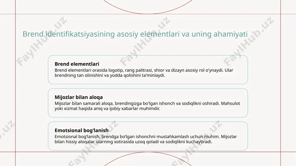 lanish va kengayish brendning uzoq muddatli muvaffaqiyati uchun yangi mahsulotlar, bozorlar va hamkorliklarni rivojlantirishga yo‘naltirilgan strategik rejalashtirish zarur. o‘zbekiston bozorida brendlarni boshqarishning asosiy tamoyillari 1 bozor tahlili va raqobat o'zbekiston bozorida muvaffaqiyat uchun, raqobatchilarni va mijoz ehtiyojlarini chuqur tahlil qilish, bozor tendensiyalarini aniqlash muhimdir. 2 lokal va xalqaro strategiyalar mahalliy va xalqaro bozorlardagi imkoniyatlarni hisobga olib, moslashtirilgan brend strategiyalari ishlab chiqish, kengayish va raqobatbardoshlikni oshiradi. 3 madaniyat va ijtimoiy omillar o'zbekistonning madaniy va ijtimoiy xususiyatlarini hisobga olgan holda, brend kommunikatsiyasi va pozitsionlashni moslashtirish, mijozlar bilan mustahkam bog'lanishni ta'minlaydi. raqobatbardoshlikni oshirish uchun brend strategiyalarining muhim elementlari brendning farovonligi va tan olinish kuchli brendning farovonligi va tan olinishi, mijozlar ishonchini oshiradi, raqobatdan ajralib turishga yordam beradi va bozor ulushini kengaytiradi. innovatsion marketing va pozitsionlash innovatsion marketing strategiyalari va aniq pozitsionlash, brendni raqobatchilardan ajratadi, mijozlar ehtiyojlariga moslashishni ta’minlaydi. mijozlar bilan emotsional bog‘lanish emotsional bog‘lanish va ishonchni mustahkamlash, mijozlarning brendga sodiqligini oshiradi, ularning ehtiyojlari …