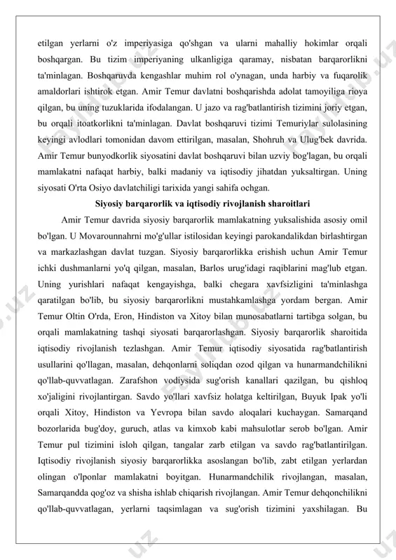 orlik siyosatini davlat siyosatining ajralmas qismi deb bilgan. u "qay bir joydan bir g'isht olsam, o'rniga un g'isht qo'ydirdim" degan so'zlarida ifodalanganidek, qurilish ishlari imperiya qudratini namoyon etgan. qurilish va obodonlashtirish zabt etilgan mamlakatlardan olib kelingan ustalar yordami bilan amalga oshirilgan, masalan, damashq va isfahondan hunarmandlar jalb qilingan. davlat siyosatida qurilish mamlakatni birlashtirish va madaniy yuksalish vositasi bo'lgan. amir temur samarqand va shahrisabzda katta qurilishlar uyushtirgan, bu davlat qudratini ko'rsatgan. obodonlashtirish ishlari yo'llar, ko'priklar va kanallar qurilishi bilan bog'liq bo'lgan, bu iqtisodiy rivojlanishga xizmat qilgan. davlat siyosatida bunyodkorlik madaniy va diniy obidalarni qurish orqali amalga oshirilgan, masalan, masjidlar va madrasalar. amir temur o'zining yurishlaridan so'ng, shaharlarni tiklagan, masalan, bag'dod va baylaqonda qurilishlar o'tkazgan. qurilish ishlari davlat byudjetidan moliyalashtirilgan, bu imperiya iqtisodini mustahkamlashga yordam bergan. obodonlashtirish siyosati mamlakat aholisini rag'batlantirgan, chunki yangi inshootlar ish o'rinlari yaratgan. davlat siyosatida qurilish madaniy merosni saqlash va rivojlantirishga xizmat qilgan, bu temuriylar renessansiga asos bo'lgan. …