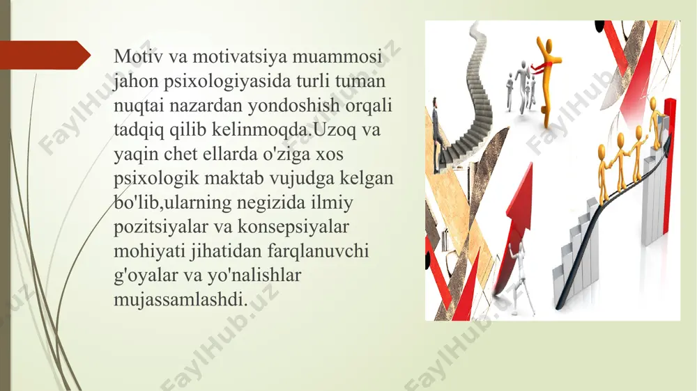 liyatiga yo'nalgan aniq ehtiyojlar va uni qo'zg'atadigan voqelik deb hisoblaydi g.olportning fikricha,motivlar transformatsiyasi,tizimli rivojlanishi jarayon sifatida talqin etiladi motiv—bu v.s.merlin motivlar tizimlarining ayrim jihatlarini ancha batafsil yoritib bergan turli motivlar bora bora o'zaro bog'liq va bir-biriga tobe bo'lib boradi hamda oxir-oqibatda motivlarning yaxlit tizimi vujudga keladi motivlar tizimining shakllanishi jarayonida nafaqat motivlar barqarorligi,balki motivlarni anglash kabi shartlar bajarilishini talab etadi motivlar tizimlari o'zaro bog'liq va bir-biriga tobe shaxs motivlarining bir butun yig'indisidan iborat image1.jpeg image2.jpeg image3.jpeg image4.jpeg image5.png image6.jpeg