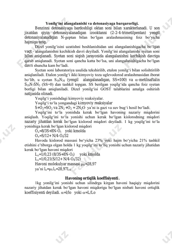 uni maxsus asbob orqali qizdirib, ketma-ket reaksiyasini tekshirish uchun olinadi. fraksiya tarkibi gost bo‘yicha aniqlanadi. xarakterli nuqtalari yonilg‘ini 10, 50, 90% hajmini qaynashidagi harorati hisoblanadi. benzinlarda esa bundan tashqari oxirgi qaynash harorati ham hisobga olinadi. yonilg‘ini fraksion tarkibini haroratiga bog‘liqlik grafigi reksiyani qizdirish yoki haydash egriligi deyiladi. 1-benzin 2-kerosin 3-dizel yonilg‘isi 4.1-rasm. turli yonilg‘ilarni fraksiyaga ajratish egri chizig‘i. benzin 35...55s dan to 200s gacha, dizel yoqilg‘isi 185...200 0 s dan 350s gacha haydaladi. h h h h – c – c – c – h h | h h – c –h h h h h h h h h h h–c–c–c–c–c–c–c–c–h h h h h h h h h yonilg‘ini alangalanishi va detonasiyaga barqarorligi. benzinni detonasiyaga bardoshligi oktan soni bilan xarakterlanadi. u son jixatdan qiyin detonasiyalanadigan izooktanni (2-2-4-trimetilpentan) yengil detonasiyalanadigan n-geptan bilan bo‘lgan aralashmasining foiz bo‘yicha hajmiga teng. dizel yonilg‘isini uzatishni boshlanishidan uni alangalanishigacha bo‘lgan vaqt - alangalanishni kechikish …