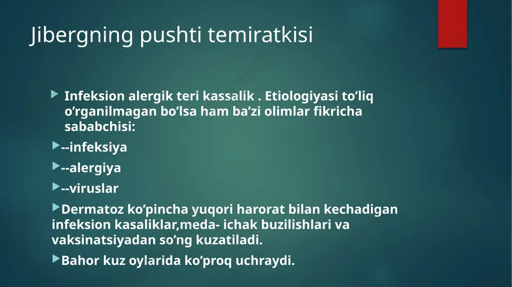 hi oqsilining kamligi 3. nerv va gumoral buzilishlar 4. irsiy a) bolalar b) kattalar klinikasi o’tkir uchli follikulyar papulalar hosil bo’ladi . keyinchalik qizg’ish pushti , qizil tugunchalar hosil bo’lib ularning usti tangachalar bilan qoplanadi, markazida esa shoxsimon bo’rtmalar kuzatiladi . tugunchalar kattalashib bir biriga qo’shilib pilakchani hosil qiladi . simmetrik toshmalar tanani total qoplaganda eritrodermiya holati vujudga keladi . gistomorfologiyasi epidermisda : giperkeratoz parakeratoz granulyoz vakuoli distrofiya differensial diagnostika psoriaz qizil yassi temiratki sfilitik papulalar bilan differensial diagnostika qilinadi davosi a vitamini yuqori dozada 200000-400000 xb neotigazon 0,5-1 mg/kg puva terapiya yoki re-puva terapiya mahalliy davo: 2 % li salitsil kislota yoki dermovayt maz e’tiboringiz uchun rahmat!!! image6.jfif image7.jfif image13.emf image8.jpg image9.jfif image10.jfif image9.emf image10.emf image11.jfif image12.jfif image13.jpg image2.png image3.png image4.png image5.png