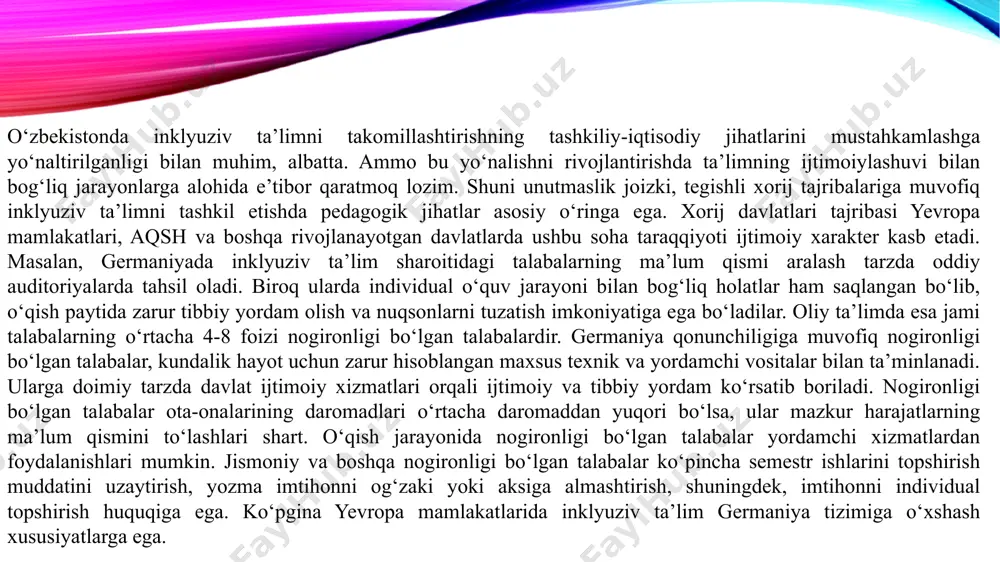 i”da (2014 y.) aks ettirilgan boʻlib, bugungi kunga qadar ushbu kasbiy standart pedagogik ata’lim sohasi boʻyicha kadrlar tayyorlash tizimi malaka talablarini ishlab chiqishda asos sifatida qoʻllanilib kelinmoqda. ta’lim sohasida inklyuziv yondashuvning evolyusiyasi jamiyatning nogironlik toʻgʻrisidagi tushunchasi oʻzgarishiga asoslangan edi: xx asrning 1960-yillari oʻrtasigacha mavjud boʻlgan salomatlik imkoniyati cheklangan odamlarni ajratib qoʻyishni nazarda tutuvchi tibbiy model oʻrniga xx asrning 1980-yillari oʻrtasigacha davom etgan normallashtirish modeli keldi. bu model salomatlik imkoniyati cheklangan odamlarni jamiyatga integratsiyalashni nazarda tutar edi. hozirgi vaqtda salomatlik imkoniyati cheklangan bola ta’limidagi toʻsiqlar va muammolar jamiyat ta’lim tizimining atrofdagi odamlar bilan oʻzaro munosabatlari nomukammalligini keltirib chiqarishi mumkin boʻlgan ijtimoiy modelga oʻtish tendensiyasi kuzatilmoqda. n.v.borisova, s.a.prushinskiy ta’kidlaydilarki, inklyuziv ta’lim tayanadigan ijtimoiy modelga koʻra, “nogironlikning sababi faqat kasallikning oʻzida emas, balki jamiyatdagi mavjud jismoniy (ijtimoiy tuzilmalar va tartiblarga doir) va tashkiliy (munosabatlarga doir) toʻsiqlar, stereotiplar va notoʻgʻri qarashlardir.” s.v.alexinaning fikricha, “inklyuziya – ijtimoiy munosabatlarni insonparvarlashtirish va imkoniyati cheklangan shaxslarning birgalikda sifatli …