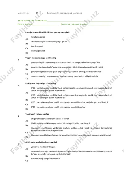 maxsus fanlar majmuasi – test variant №25 — DOCX