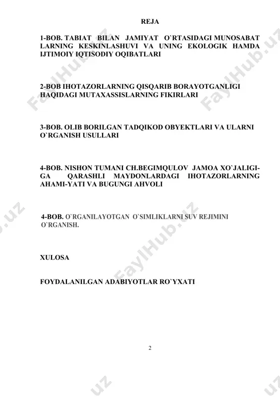 akatlari orasida birinchi bо`lib uni imzoladi va ratifikasiya qildi. 1999 yilda konvensiya majburiyatlarini samarali amalga oshirish maqsadida chо`llanishga qarshi kurash milliy harakatlar dasturi ishlab chiqildi va qabul qilindi шунингдек 17 iyun - jahonda sahrolanish va qurg`oqchilikka qarshi kurash kuni deb e`lon qilindi. ayni paytda mamlakatimizda, xususan viloyatimizda chо`llanish va qurg`oqchilikka qarshi bir qator tadbirlar amalga oshirib kelinmoqda. avvalo ana shunday ekologik holatga sabab bо`luvchi omillarni bartaraf etish choralari kо`rilmoqda. ma`lumki atrof-muhitning haddan ortiq ifloslanishi, ya`ni havo, yer va suvga tashlanayotgan chiqindilar ekologik musaffolikka ta`sir о`tkazmay qolmaydi. natijada tuproq eroziyasi, shо`rlanish darajasi ortib, hosildorlik kamayib bormoqda. qishloq xо`jaligi ekin maydonlari meliorativ holatining yomonlashuvi tabiatda muvozanat buzilishi bilan birga katta iqtisodiy zararni keltirib chiqarishi hech kimga sir emas. ihota о`rmonlarini tashkil etish, suvdan oqilona foydalanish, meliorasiya tadbirlarini amalga oshirish chо`llanishga qarshi kurashda asosiy choralardan hisoblanadi. о`rmonlar tuproqni shamol va eroziyadan, noqulay tabiiy hodisalardan asrash bilan birga biz uchun kerakli bо`lgan kislorodning 60 …