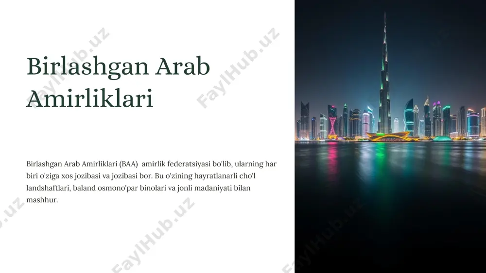 yalar baa tadqiqot va ishlanmalarga katta miqdorda sarmoya kiritadi, innovatsiyalarni qo'llab-quvvatlaydi va texnologiya sohasida imkoniyatlar yaratadi. 5 dubay: global quvvat markazi 1 arxitektura mo''jizalari dubayda dunyodagi eng baland bino burj xalifa va sun'iy arxipelag palm jumeira kabi diqqatga sazovor joylar joylashgan. 2 savatga jannat dubay an'anaviy bozorlardan tortib hashamatli savdo markazlarigacha bo'lgan keng ko'lamli xarid qilish tajribasini taklif etadi, bu esa butun dunyodan do'konchilarni jalb qiladi. 3 biznes markazi dubay xalqaro kompaniyalar va investorlarni jalb qiluvchi va jonli tadbirkorlik ekotizimini rivojlantiruvchi dinamik biznes markazidir. 4 global voqealar dubay yirik xalqaro tadbirlar, jumladan ko'rgazmalar, konferentsiyalar va sport tadbirlariga mezbonlik qiladi va uni global uchrashuv nuqtasi sifatida tashkil etadi. 6 madaniy xilma-xillik va meros amirlik madaniyati baaning boy madaniy merosi badaviylarning urf-odatlari, mehmondo'stligi va oilaviy qadriyatlarida chuqur ildiz otgan. ko'p madaniyatli jamiyat baa 200 dan ortiq millat vakillaridan iborat turli xil aholiga ega bo'lgan madaniyatlarning erish qozonidir. merosni saqlash baa hukumati muzeylar, …