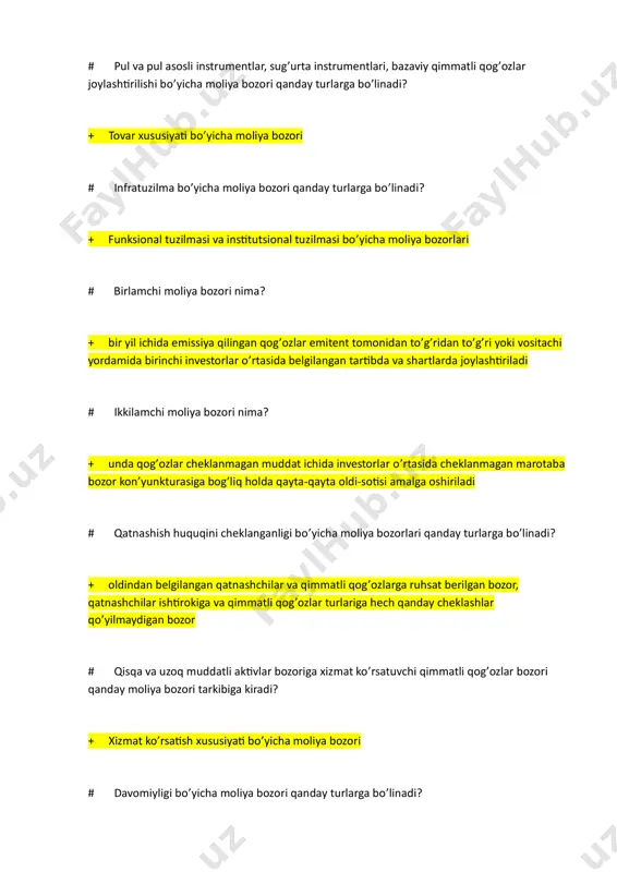 boʻlgan instrumentlar hisoblanadi yaʼni ularning pulga aylanish jarayoni tez amalga oshadi. + pul bozori # o’zbekiston respublikasi iqtisodiyot va moliya vazirligining pul bozoridagi vazifasi nimadan iborat? + davlat qarzlarini qoplash maqsadida qisqa muddatli davlat qimmatli qog’ozlarini emissiya qilish # tijorat banklarining pul bozoridagi vazifasi nimadan iborat? + davlat qimmatli qog’ozlarini xarid qilish va depozit sertifikatlarini sotish # xo’jalik yurituvchi subyektlarning pul bozoridagi vazifasi nimadan iborat? + o’zining moliyaviy faoliyatini yaxshilash maqsadida qisqa muddatli qimmatli qog’ozlarni emissiya qilish va sotib olish # investitsiya kompaniyalarining pul bozoridagi vazifasi nimadan iborat? + investitsion portfelni shakllantirib, uning risklilik darajasini pasaytirish # moliyaviy kompaniyalarning pul bozoridagi vazifasi nimadan iborat? + investorlarga qisqa muddatli kreditlar taqdim etish # sug’urta tashkilotlarining pul bozoridagi vazifasi nimadan iborat? + o’z likvidliligini yo’qotmaslik uchun pul bozoriga investitsiya kiritish # pensiya fondlarining pul bozoridagi vazifasi nimadan iborat? + risklilik darajasi past bo’lganligi uchun pul bozori instrumentlariga o’z mablag’larini investitsiya qilish # …