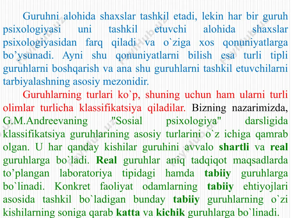 lgan afsonalar va boshqa ong tizimlarini o`rganish kerak. shunisi diqqatga sazovorki, vundtdan keyingi davrda o’tkazilgan muhim tadqiqotlardan biri bizning o’lkamizda o’tkazilgan bo`lib, uni psixolog a.r.luriya amalga oshirgan edi. bu eksperimental tadqiqot bo`lib uni o’tkazishdan asosiy maqsad l.s.vigotskiyning madaniy tarixiy yondashuv g’oyasini tekshirish edi. luriya boshchiligidagi olimlar guruhi revolyutsiya g’alaba qozongan o`zbekiston sharoitida turmush tarzining o`zgarishi bilan o`zbek xalqi psixologiyasining ham o`zgarganligini isbot qildilar. asosiy maqsad bilish jarayonlarining o`zgarganligini isbot qilish bo`lsa ham tadqiqotchilar o`z-o`zini anglash va o`z xulq-atvorini analiz qilish borasida ham uyda o’tiradigan ayollar, endigina savod olish maqsadida savodxonlik kurslarida o’qiyotgan ayollar hamda pedagogika bilim yurtlarida ta`lim olayotgan qizlar o’rtasidagi farq bor yo`qligini tekshirishdir. tadqiqot asosan o`z-o`zini analiz qilish metodi yordamida o’tkazilgan bo`lib, ayollarga turli savollar orqali o`z shaxsiga xos xususiyatlarni, o`zidagi yetakchi sifatlarni aniqlash va ba`zi psixologik holatlarga baho berish topshirig’i berildi. lekin javoblarning sifati, to’liqligi ayollarning bilim saviyasiga va sosial aloqalar tizimida tutgan o’rniga bog’liq bo`lib chiqdi. …