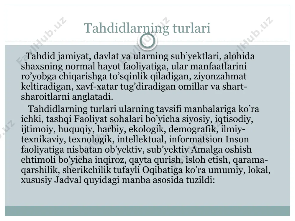 ilmalarining rivojlanmaganligi. tashqi tahdidlar jumlasiga esa quyidagilar kiritiladi: - eksport tarkibida xom ashyo mahsulotlarining ustuvorligi; - mamlakatning import mahsulotlariga qaramligi, bog’liqligi; - import tarkibining ratsional emasligi; - tashqi qarzlarning o’sib borishi; - eksport va valyuta nazoratining yaxshi yo’lga qo’yilmaganligi; - bojxona chegaralarining yetarli darajada belgilanmaganligi; - eksport-import operatsiyalariga xizmat ko’rsatuvchi transport infratuzilmalarining rivojlanmaganligi. e’tiboringiz uchun rahmat /docprops/thumbnail.jpeg