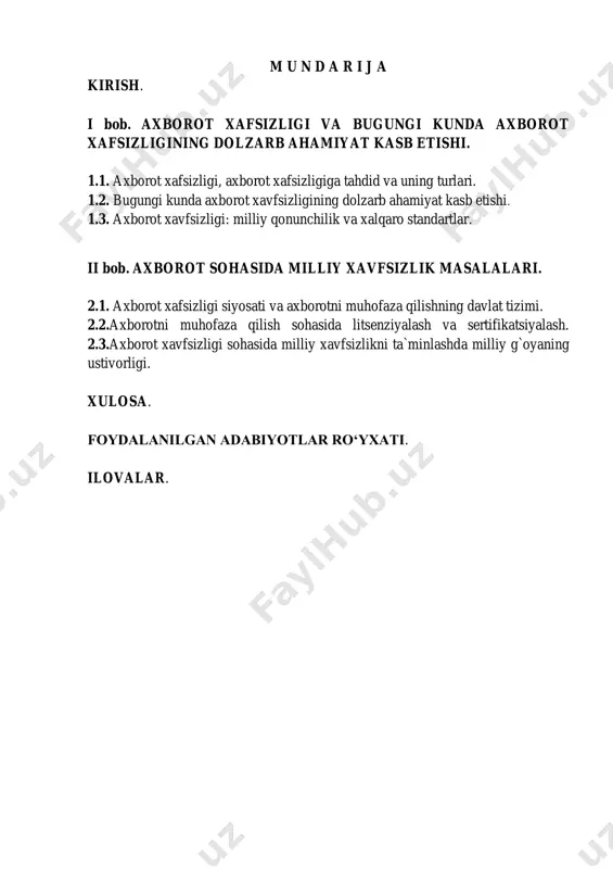 ko‘pchilik faoliyat ko‘rsatayotgan xodimlar ishlab chiqarish sohasida emas, balki u yoki bu darajada axborotni qayta ishlash bilan banddirlar. bugungi kunda har bir xodim, mutaxassis, talaba o‘z faoliyatini axborot texnologiyalarisiz tasavvur qila olmaydi. ular o‘zlarining qimmatli vaqtlarini kompyuter oldida o‘tkazib, mashaqqatli mehnat evaziga yaratilgan bebaho axborotlarini saqlashni «aqlli mashinalarga» ishonib, ularning yo‘q qilinishi, buzilishi yoki o‘g‘irlanishi haqida o‘ylamay, tavakkalchilikka yo‘l qo‘yadilar. bunday qimmatli axborotlarni saqlash, ularning xavfsizligini ta‘minlash uchun qoidalar, tamoyillar, vositalar, usullarni bilish va ustalik bilan joriy etish zarur bo‘ladi. nafaqat qimmatli axborotlar xavfsizligini ta‘minlash, balki axborot tizimlari va ularning infrastrukturasi xavfsizligini ta‘minlash ham muhim ahamiyat kasb etmoqda. insonning butun hayoti axborotni qabul qilish, saqlash va qayta ishlash bilan bog‘langan. umuman olganda, inson bilimi ham to‘plangan va tartiblangan axborotdir. ammo inson miyasi nechog‘li mukammal bo‘lmasin, juda katta miqdordagi axborotning hammasini xotirasida saqlay olmaydi va avloddan- avlodga hech bir o‘zgarishsiz uzatib bermaydi. shu tariqa axborotlarni saqlab,eslab turadigan texnik vositalarga zaruriyat tug‘ildi. …