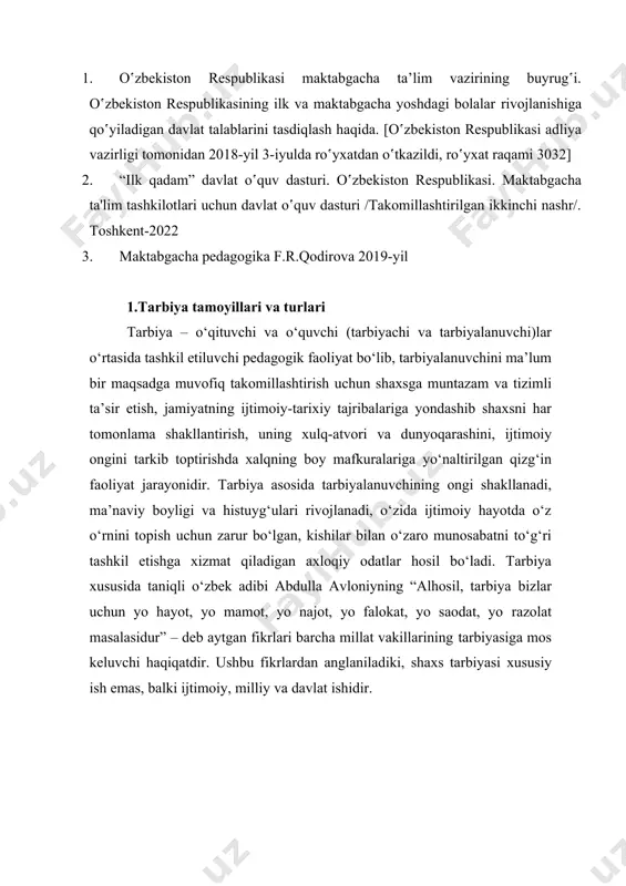 ni tarkib toptirishda xalqning boy mafkuralariga yo‘naltirilgan qizg‘in faoliyat jarayonidir. tarbiya asosida tarbiyalanuvchining ongi shakllanadi, ma’naviy boyligi va histuyg‘ulari rivojlanadi, o‘zida ijtimoiy hayotda o‘z o‘rnini topish uchun zarur bo‘lgan, kishilar bilan o‘zaro munosabatni to‘g‘ri tashkil etishga xizmat qiladigan axloqiy odatlar hosil bo‘ladi. tarbiya xususida taniqli o‘zbek adibi abdulla avloniyning “alhosil, tarbiya bizlar uchun yo hayot, yo mamot, yo najot, yo falokat, yo saodat, yo razolat masalasidur” – deb aytgan fikrlari barcha millat vakillarining tarbiyasiga mos keluvchi haqiqatdir. ushbu fikrlardan anglaniladiki, shaxs tarbiyasi xususiy ish emas, balki ijtimoiy, milliy va davlat ishidir. maktabgacha ta’lim tashkilotlarida qo‘llanadigan tarbiya turlari: tarbiya tamoyillari deb, yosh avlodni tarbiyalash maqsadidan kelib chiqadigan va komil insonni tarbiyalashning mazmuni va yo‘nalishiga qo‘yiladigan eng muhim talablarni belgilab beruvchi asosiy g‘oya va qoidalar yig‘indisiga aytiladi. tarbiya tamoyillari o‘qituvchi va tarbiyalanuvchilarga yo‘l-yo‘riq ko‘rsatuvchi qoidalar bo‘lib, ular yosh avlodni tarbiyalash, barkamol insonni shakllantirish vazifalariga muvofiq belgilanadi, shuningdek, ular shaxs tarbiyasi borasidagi ilg‘or …