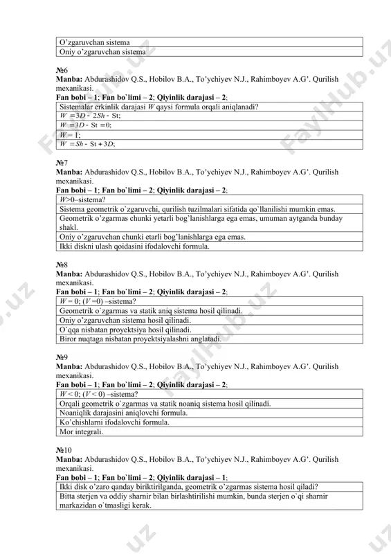 mboyev а.gʼ. qurilish mexanikasi. fan bobi – 1; fan bo`limi – 2; qiyinlik darajasi – 1; disk nima? o`zlarining shakli va o`lchamlarini o`zgartirmaydi-gan mutloq bikr element yoki elementlar sistemasi moment nuqtasini aniqlash o’zgaruvchan sistema oniy o’zgaruvchan sistema №6 manba: аbdurashidov q.s., hobilov b.а., toʼychiyev n.j., rahimboyev а.gʼ. qurilish mexanikasi. fan bobi – 1; fan bo`limi – 2; qiyinlik darajasi – 2; sistemalar erkinlik darajasi w qaysi formula orqali aniqlanadi? w = 1; №7 manba: аbdurashidov q.s., hobilov b.а., toʼychiyev n.j., rahimboyev а.gʼ. qurilish mexanikasi. fan bobi – 1; fan bo`limi – 2; qiyinlik darajasi – 2; w>0–sistema? sistema geometrik o`zgaruvchi, qurilish tuzilmalari sifatida qo`llanilishi mumkin emas. geometrik o’zgarmas chunki yetarli bog’lanishlarga ega emas, umuman aytganda bunday shakl. oniy o’zgaruvchan chunki etarli bog’lanishlarga ega emas. ikki diskni ulash qoidasini ifodalovchi formula. №8 manba: аbdurashidov q.s., hobilov b.а., toʼychiyev n.j., rahimboyev а.gʼ. qurilish mexanikasi. fan bobi – 1; fan bo`limi – 2; …