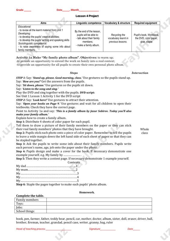 er” after me/the dvd.’ say: ‘teacher’ and have the pupils repeat after you. say: ‘point to the picture of a teacher.’ use gestures to show how to do it. do it with the other pictures too. whole class activity 3 play “what’s missing?”. objective: to consolidate vocabulary related to jobs steps interaction put the flashcards describing jobs (teacher, writer, farmer, driver, secretary, fireman, cook, pilot, doctor) on the board. say: ‘close their eyes.’ then remove one of the flashcards. say: ‘open your eyes.’ and ask: “what’s missing?” elicit the answer from the pupils. do this activity with the other pictures of jobs. whole class activity 5 work in groups. play “my father’s a driver.” objective: to consolidate jobs steps interaction say in mother tongue: ‘let’s talk about our mother and father’s jobs.’ say: ‘stand up, please.’ use the gesture to explain the pupils what to do. whole class say your …