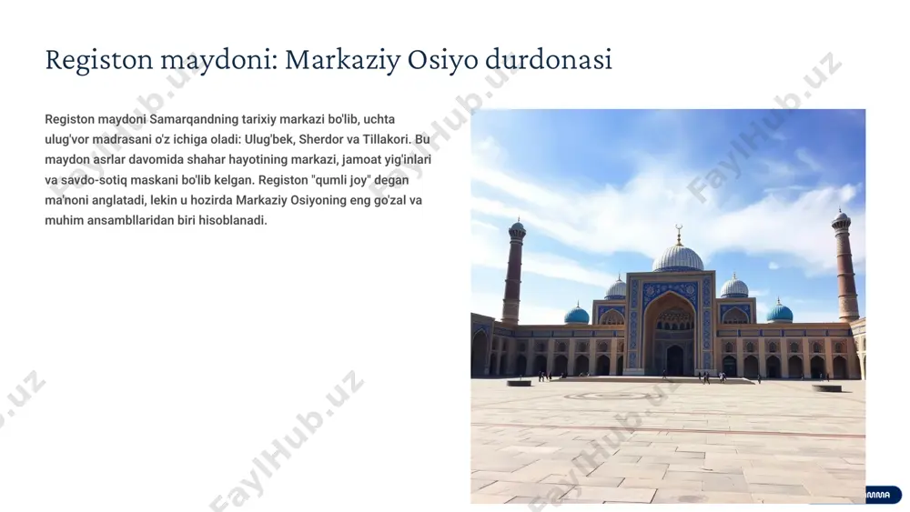 ta'lim nazariy bilimlarga qo'shimcha ravishda amaliy mashg'ulotlarga ham urg'u berilgan. 03 ochiq munozaralar talabalar va ustozlar o'rtasida ilmiy tortishuvlar va bahslar muntazam o'tkazilgan. 5 astronomiya va matematika markazi sifatida ahamiyati ulug'bek madrasasi, ayniqsa, astronomiya va matematika sohasida butun dunyoga mashhur bo'lgan. rasatxona: madrasa yaqinida ulug'bek o'zining mashhur rasatxonasini qurgan bo'lib, u yerda yulduzlar va sayyoralarning harakati aniq o'rganilgan. "zijji ko'ragoniy": bu astronomik jadval ulug'bekning eng muhim asari bo'lib, unda 1018 ta yulduzning koordinatalari va harakatlari aniq ko'rsatilgan. ilmiy an'analar: madrasa keyingi avlod astronomlari va matematiklari uchun ilmiy merosni saqlab qolish va rivojlantirishda muhim rol o'ynagan. 6 madrasaning mashhur ustozlari va shogirdlari ulug'bek madrasasida ko'plab buyuk olimlar dars bergan va ularning shogirdlari ilm-fan rivojiga ulkan hissa qo'shganlar. ali qushchi astronom va matematik, ulug'bekning eng yaqin shogirdlaridan biri. qozizoda rumiy matematik va astronom, madrasaning yetakchi professorlaridan. g'iyosiddin jamshid kashiy matematik va astronom, "arifmetika kaliti" asari muallifi. 7 madrasa faoliyatining keyingi davrlari va …