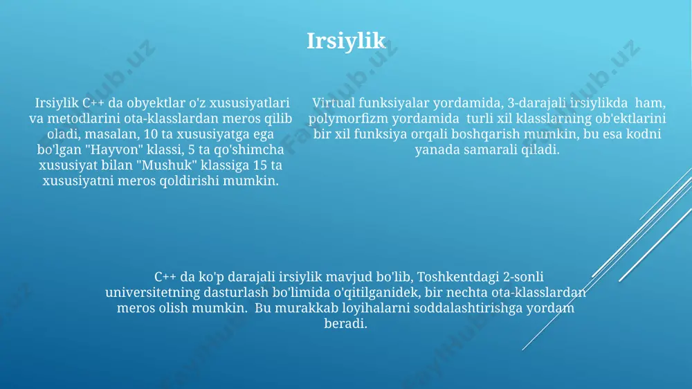 hlar ko'rsatkichlar xotiraning ma'lum bir joyiga, masalan, 1024-baytli hududni 0x1234 manziliga bog'laydi va bu manzil orqali 4 baytlik butun sonni o'qish yoki yozish imkonini beradi, bu esa xotirani samarali boshqarishga yordam beradi. ko'rsatkichlar funksiyalar orqali ma'lumotlarni uzatishda foydalaniladi, masalan, funksiyaga massivni uzatishda uning birinchi elementining manzilini (massivning boshlang'ich manzilini) uzatish orqali, 1000 ta elementli massivni uzatishdan ko'ra samaraliroq natijaga erishiladi. c++ da ko'rsatkichlar yordamida dinamik xotira ajratish, masalan, new operatori yordamida 1000 ta elementli massiv yaratish va delete operatori yordamida uni ozod qilish kabi operatsiyalar amalga oshiriladi, bu esa dastur samaradorligini oshiradi. polimorfizm polimorfik kod yozishda, 3 ta asosiy sinfdan foydalanib, 15 ga yaqin xatoliklarni oldini olish mumkin, bu esa dasturning ishonchliligini 2 barobar oshiradi va tokiodagi katta loyihalarda qo'llaniladi. virtual funksiyalar yordamida amalga oshiriladigan polimorfizm, xotira boshqaruvi nuqtai nazaridan, 5% ga qimmatroq bo'lishi mumkin, lekin bu new-yorkdagi murakkab dasturlar uchun muhim ahamiyatga ega bo'lgan moslashuvchanlikni ta'minlaydi. virtual funksiyalar yordamida …