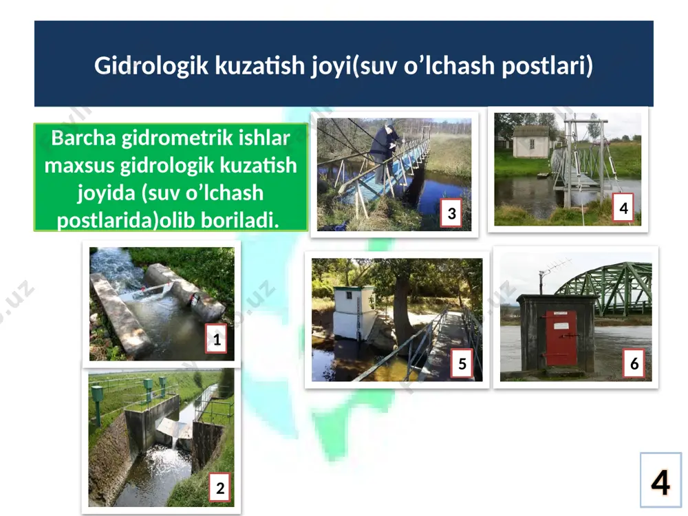 ) suv o’lchash postlari; aralash suv o’lchash postlari. 21 reykali suv o’lchash postlari suv sathining yillik tebranish amplitudasi 2-3 m dan katta bo’lmasa, reykali suv o’lchash postlarini o’rnatish qulaydir. reykali postlar uchun qurilmalarni tayyorlashda yog’och, metall yoki temir-beton materiallaridan foydalaniladi. reykalarning uzunligi 1; 1,5; 2 m, eni 16 sm, qalinligi 7-8 sm bo’ladi. 22 reykali suv o’lchash postlari reykali postlarda reykalar vertikal holda yoki qiya burchak ostida o’rnatilishi mumkin 23 qoziqli(svayli) suv o’lchash postlari agar suv sathining yillik tebranish amplitudasi nisbatan katta, ya’ni 8-10 m oralig’ida bo’lsa, qoziqli suv o’lchash postlarini qurish tavsiya etiladi 24 qoziqli(svayli) suv o’lchash postlari bunday postlar qirg’oq nishabligi kichik bo’lgan daryolarda, ko’llarda va suv omborlarida keng tarqalgan. har bir postdagi qoziqlar soni shunday tanlanadiki, ular orasidagi balandlik farqi 80 sm dan oshmasligi kerak. ular orasidagi masofa esa kuzatish olib borish qulayligini hisobga olib belgilanadi 25 aralash suv o’lchash postlari ba’zi hollarda shunday sharoitlar bo’ladiki, bunda …