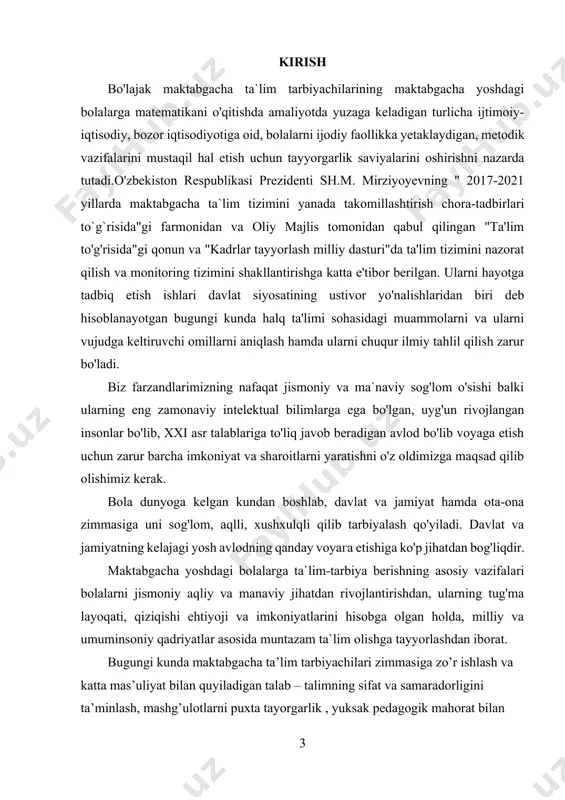 arning tug'ma layoqati, qiziqishi ehtiyoji va imkoniyatlarini hisobga olgan holda, milliy va umuminsoniy qadriyatlar asosida muntazam ta`lim olishga tayyorlashdan iborat. bugungi kunda maktabgacha ta’lim tarbiyachilari zimmasiga zo’r ishlash va katta mas’uliyat bilan quyiladigan talab – talimning sifat va samaradorligini ta’minlash, mashg’ulotlarni puxta tayorgarlik , yuksak pedagogik mahorat bilan yuqori saviyada tashkil etish , bolalarga keng va asoslli bilim berishdan iboratdir. bu talabalar esa bolaning ijodkorlik , keng miqyosda izlanuvchanlik bilan bog’lanadi . maktabgacha ta`lim bolalarini mustaqil fikrlashga o’rgatish elementar matematik tasavvurlarni shakllantirish fanining dolzarb masalalaridan biri sanaladi.chunki bunday shart-sharoit va holatlarda bolalarda voqea-hodisalarga munosabat bildirish, xulosalar chiqarishga o’rgatish malakalari shakllanadi. bolalarni mustaqil fikrlashga o’rgatishning ahamiyati shundaki, bola har qanday o’quv-biluv faoliyatiga tegishli qiyinchiliklarni bartaraf eta oladi, hamda mulohaza yuritib, fikrini mustaqil bayon eta olish imkoniyatiga ega bo’ladi. bu borada matematik tasavvurlarni o’stiruvchi mashg’ulotlarning ahamiyati beqiyos hisoblanadi. tarbiyachi shuni doimo esda tutishi kerakki, bolalarga matematik tasavvurlarni o’stirib borishdan asosiy maqsad, bolalarni …