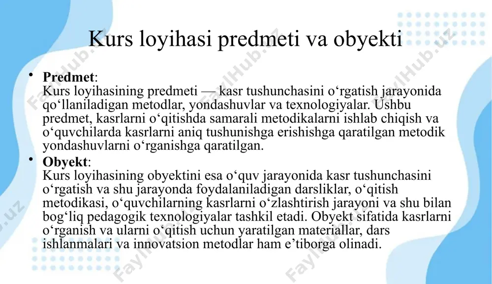 xususiyatlari batafsil yoritilgan. 1. oddiy kasrlar oddiy kasrlar ikki butun sonning nisbatini ifodalaydi. bu kasrlarning umumiy ko‘rinishi ab\frac{a}{b}ba​ shaklida bo‘ladi, bunda a — kasrning chastkasi (yuqori qismi), b esa muntazam qismi (pastki qismi) bo‘lib, b 0 ga teng bo‘lmasligi kerak. oddiy kasrlar o‘zaro solishtirish yoki amallarni bajarishda juda qulaydir. o‘zgartirilgan kasrlar o‘zgartirilgan kasrlar, bir nechta kichik kasrlarning qo‘shilishi yoki birlashtirilishi bilan hosil bo‘lgan kasrlardir. o‘zgartirilgan kasrlar turli xil holatlar uchun mos keladi, masalan, kasrni qisqartirish, kengaytirish yoki bir butun son bilan ko‘paytirish. kasrlar matematika va kundalik hayotda keng qo‘llaniladi. ular oddiy, aralash, butun va maxsus turlariga bo‘linib, har biri o‘ziga xos xususiyatlarga ega. kasrlarning turli ko‘rinishlari va ularning xususiyatlari o‘quvchilarga arifmetik amallarni o‘rganishda asosiy yordam beradi. kasrlarni o‘rganish, nafaqat matematikani chuqurroq tushunishga, balki kundalik hayotdagi turli muammolarni hal qilishga ham yordam beradi. ii. kasr tushunchasi bilan tanishtirish metodikasi 2.1. kasrlarni o‘qitishda foydalaniladigan asosiy metodlar kasrlarni o‘qitishda samarali metodlar va yondashuvlar …