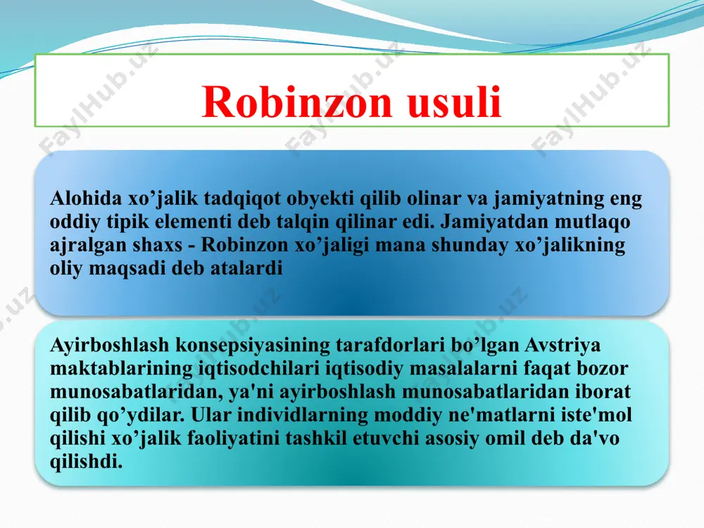 vning birdan bir sababi naflik (ehtiyoj) degan qoidadan voz kechib, iqtisodiy tizimni butunligicha izohlashga o’tdi, bunda talab (iste'mol) va taklifga iqtisodiyotda muvozanat elementlari sifatida qaraladi. pareto naflikning an'anaviy miqdoriy o’lchash usullaridan voz kechib, «ijtimoiy maksimal naflik» tushunchasini izohlab beradi, bu tushuncha hozirgi davrda «pareto optimumi» deb nomlanadi. bu tushuncha shunday o’zgarishlarga baho berish uchun foydalaniladiki, unda barchaning farovonligi yaxshilanadi yoki bozorning ,biror odam o’z ahvolini boshqa odamning ahvolini yomonlashtirmasdan yaxshilay olmaydi degan fikr ilgari suriladi. image2.jpeg image3.jpeg /docprops/thumbnail.jpeg
