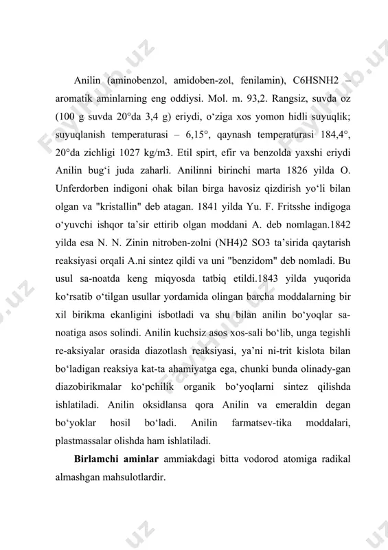 ’xshash. ammiak molekulasidagi azotda ham, aminlar molekulasidagi azotda ham bitta ajralmas elektron juft bo’ladi. bu elektron juft hisobiga ular suvdagi eritmada va kislotalar ishtirokida musbat zaryadli vodorod ionini o’zlariga (ya’ni azot atomi) biriktirib oladi. h3n: + h+→nh4+ yoki [nh4]+ ammoniy ioni ammiak yoki aminlar hcl kislota bilan ta’sirlashadi : h3n: + h++cl- → [nh4]+cl- ammoniy xlorid ushbu reaksiyalardan ma’lumki ammiak ham aminlar ham asos xossalariga ega moddalardir. ularning suvdagi eritmalari lakmus eritmasini zangori rangga, fenolftalein eritmasini esa to’q pushti rangga bo’yaydi. aminlar organik asoslar, ammo lekin alifatik aminlar nh3 ga nisbatan kuchliroq asoslar, aromlatik aminlar esa kuchsizroq asosdir. alifatik aminlarning asoslik xossalarini kuchliroq ekanligi alifatik va ammiak molekulalarining tuzilishida farq borligi bilan tushuntiriladi. masalan : ammiak molekulasidagi azot atomiga uchta vodorod atomidan elektron bulutlar siljigan bo’lsa, aminlar molekulasida esa ch3 – nh2 molekulasidagi azot atomiga beshta vodorod atomidan elektron bulutlar siljigan bo’ladi. strelkalar elektron bulutni siljish yo’nalishini ko’rsatadi. natijada metil …
