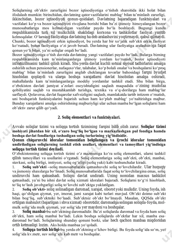 malga oshiriladi. majburiylik belgisi huquqiy tomondan davlat uchun kafolatlangan. 2. ikkinchi belgi soliqlarning davlat mulkiga aylanishidir. soliqlar albatta xaxinaga-davlat byudjetiga va boshqa davlat pul fondlariga tushadi. 3. soliqlar qat’iy belgilangan va doimiy harakatda bo‘ladi. tarixda 50 va 100 yillab o‘zgarmasdan harakatda bo‘lgan soliqlar mavjud. ilmiy asosi qancha chuqur bo‘lsa, soliqlar shuncha qat’iy va uzoq yillar o‘zgarmasdan harakat qiladi yoki juda kam o‘zgaradi. 4. to‘langan soliqlar mamlakat miqyosida hammaga bir xil miqdorda qaytib keladi. lekin, davlatga to‘langan soliq summasi to‘lovchining shaxsan o‘ziga to‘liq qaytib kelmaydi, ya’ni u ekvivalentsiz pul to‘lovidir. masalan, soliq to‘lovchi bu yili davlatning sog‘liqni saqlash va maorif xizmatlaridan hech foydalanmagan bo‘lishi mumkin. lekin bozor iqtisodiyoti sharoitida hamma soliq to‘lovchilarning to‘lagan soliq va yig‘imlari davlatning ularga ko‘rsatgan xilma- xil xizmatlari (mudofaa, xavfsizlikni ta’minlash, tartib-intizomni o‘rnatish va boshqa ijtimoiy- zaruriy xizmatlar) orqali o‘zlariga qaytib keladi. soliqlar iqtisodiy kotegoriya bo‘lganligidan to‘lovchilar va byudjeto‘rtasida daromadlar taqsimlanayotganda tomonlarning iqtisodiy manfaatini, albatta, e’tiborga olish …