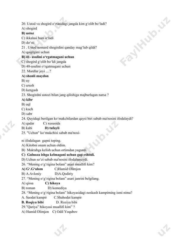 bdulla qahhorning avtobiografik ruhdagi asarini toping. a) “shohiso‘zana “ b) “qo‘shchinor chiroqlari” c) “sarob” d) “o‘tmishdan ertaklar” 34. kompozitsiya usulida so‘z yasash qoidasi to‘g‘ri berilgan qatorni belgilang. a. so‘zlarni qo‘shish orqali b. asosga qo‘shimcha qo‘shish orqali c. so‘zlarni juftlash orqali d. so‘zlarni takrorlash orqali 35. unsin qaysi asar qahramoni? a) ”yangi ariq” b) “mening o‘g‘rigina bolam” c) “o‘tmishdan ertaklar” d) “dahshat” 36. “dahshat” hikoyasi muallifi kim? a) a.qahhor c) a.qodiriy b) a.navoiy d) a. chexov 37. nodirmohbegim qaysi asar qahramoni? a) “dahshat” b) “mening o‘g‘rigina bolam” c) “o‘tmishdan ertaklar” d) ”yangi ariq” 38. “qochoq” hikoyasi muallifi kim?? a) a.navoiy c) a.qahhor b) a.qodiriy d) said ahmad 39. “ufq” romani muallifi kim? a) a.navoiy c) a.qahhor b) a.qodiriy d) said ahmad 40.alisher navoiy qayerda tug'ilgan? a) hirotda b) keshda c) buxoroda d) qo‘qonda 41. a. navoiy qachon tug'ilgan? a) 1442 -yil b) 1444 -yil c) 1441 -yil d) 1501-yil 42. navoiy …