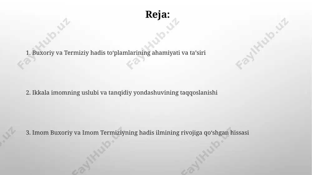 ni jamlaydi. kitobning tuzilishi mavzuviy tartibda bo‘lib, 5 kitobga bo‘lingan va har bir kitob ichida turli boblarga ajratilgan bo‘lib, 400 ga yaqin bobni o‘z ichiga oladi. ikkala imomning hadith ilmining turli sohalariga ta'siri бухорийнинг "саҳиҳ"и ва термизийнинг "сунани"даги ҳадисларни танқидий таҳлил қилиш методологияси, 3 аср давомида ҳадисшуносликка катта таъсир кўрсатиб, кейинги авлод муҳаддислар учун намуна бўлиб хизмат қилди. бухорий ва термизийнинг ҳадисларни таснифлаш тизимига, хусусан, 7 китобдан иборат "ал-жамиъ ас-саҳиҳ" ва 5 китобдан иборат "сунан"лари орқали 200 дан ортиқ ҳадис терминологияси ва методологиясига салмоқли ҳисса қўшганликларини кўрсатиб ўтиш муҳим. buxoriyning "al-jomi'us sahih" asarining uslubiy xususiyatlari “саҳиҳул бухорий”даги ҳадисларнинг тартиби ва тузилишидаги мантиқий изчиллик ва муайян мавзуларга асосланган бўлиб, 9 китоб ва 99 бобдан иборат бўлиши унинг услубий жиҳатдан мукаммаллигидан далолат беради. асардаги ҳадисларнинг таснифи ва изоҳларида 20 дан ортиқ мухбирларнинг исмлари ва ҳаётлари ҳақидаги маълумотларни ўз ичига олган рақамли ва топографик маълумотларнинг аниқлиги кузатилади. imom buxoriy va imom termiziyning hayoti …