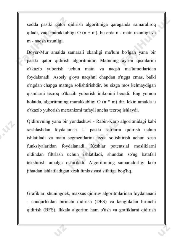 qisqa yo‘lni topish**: - **dijkstra algoritmi:** vaqt murakkabligi \( o(v^2) \) qo'shnilik matritsasidan foydalanilganda, bu erda \( v \) - cho'qqilar soni. min-to'pdan foydalanishni \( o(e + v \log v) \) ga qisqartiradi. - **bellman-ford algoritmi:** vaqtning murakkabligi \( o(v \times e) \), manfiy og'irlik qirralari bo'lgan muammolarni echishga qodir. #### xulosa algoritmlarni qiyosiy tahlil qilish muammoning cheklovlari va mavjud resurslarni hisobga olgan holda optimal yechim usulini tanlash imkonini beradi. algoritmni tanlashda vaqt va makon murakkabligining nazariy baholarini ham, maqsadli arxitekturaning amaliy samaradorligini ham hisobga olish kerak. 3. chiziqli qidiruv chiziqli qidiruv, shuningdek ketma-ket qidiruv deb ham ataladi, bu oddiy qidiruv usuli bo'lib, unda ro'yxatdagi elementlar qidirilayotgan element topilgunga qadar yoki butun to'plam qidirilguncha ketma-ket tekshiriladi. ushbu qidiruv algoritmi tartiblangan va tartibsiz ma'lumotlar tuzilmalariga taalluqlidir va uning eng yomon va o'rtacha murakkabligi o(n), bu erda n - ro'yxatdagi elementlar soni. chiziqli qidiruv har bir elementni qidirish qiymati bilan taqqoslab, massiv …
