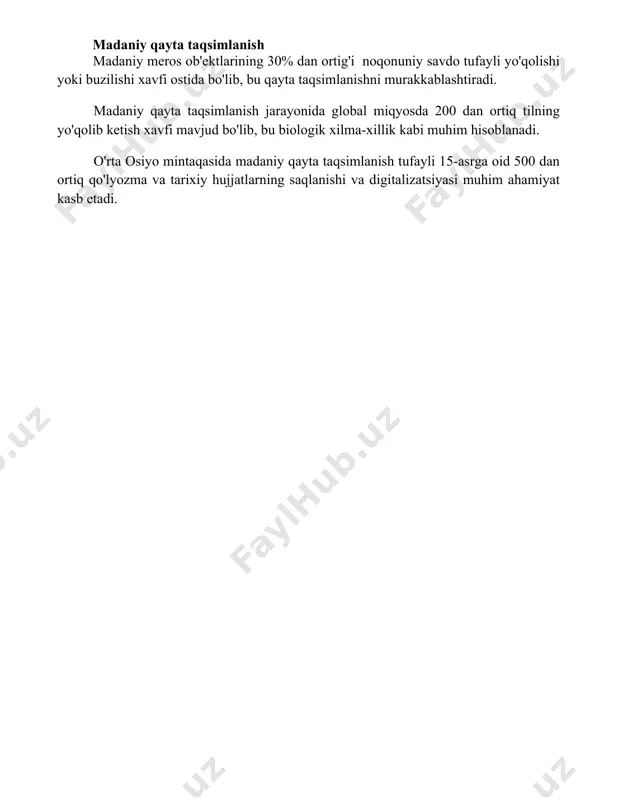 qayta taqsimlanishni murakkablashtiradi. madaniy qayta taqsimlanish jarayonida global miqyosda 200 dan ortiq tilning yo'qolib ketish xavfi mavjud bo'lib, bu biologik xilma-xillik kabi muhim hisoblanadi. o'rta osiyo mintaqasida madaniy qayta taqsimlanish tufayli 15-asrga oid 500 dan ortiq qo'lyozma va tarixiy hujjatlarning saqlanishi va digitalizatsiyasi muhim ahamiyat kasb etadi. 📌xulosa жаҳоннинг қайта тақсимланиши кутилмаган геосиёсий ўзгаришларга олиб келади, бунда давлатлар ўртасидаги кучлар мувозанати ўзгариб, янги иттифоқчилик ва рақобат муносабатлари юзага келади. 📚foydalanilgan adabiyotlar 1. wallerstein, immanuel. dunyo boylab qayta taqsimlash: kapitalizmning global tizimi. 2. arrighi, giovanni. dunyoning uzun xx asri. 3. frank, andre gunder. qora yer. 4. amin, samir. qora afrika rivojlanishiga oid muammolar. 5. harvey, david. kapitalning to'rtinchi jild. 6. skocpol, theda