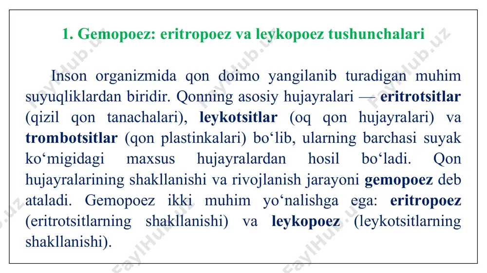 ori vositalari quyidagi holatlarda ishlatiladi: anemiyalar: - temir tanqisligi anemiyasi – eng ko‘p uchraydi, ayniqsa ayollarda va homiladorlikda. - aplastik anemiya – suyak ko‘migida hujayra ishlab chiqarilishi to‘xtagan holat. - megaloblastik anemiya – b12 va foliy kislotasi yetishmovchiligida yuzaga keladi. buyrak yetishmovchiligi bo‘lgan bemorlarda – chunki buyrak eritropoetin ishlab chiqara olmaydi, shuning uchun tashqaridan beriladi. onkologiyada – kimyoterapiya olgan bemorlarda suyak ko‘migi zarar ko‘rgan bo‘ladi, shuning uchun eritropoezni tiklash uchun eritropoetin preparatlari qo‘llaniladi. 5. nojo‘ya ta’sirlari va ehtiyot choralar. eritropoezni rag‘batlantiruvchi dorilar foydali bo‘lsa-da, ularni noto‘g‘ri yoki haddan ortiq miqdorda ishlatish zararli bo‘lishi mumkin. shuning uchun vrach nazoratida qo‘llanishi muhim. nojo‘ya ta’sirlar: qon bosimining ko‘tarilishi (gipertoniya) qon ivishi xavfi ortadi (trombozlar) allergik reaksiya ba’zida suyak og‘rig‘i, bosh og‘rig‘i kuzatiladi ehtiyot choralar: dozalash individual tanlanadi qon tahlillari orqali nazorat qilish zarur (gemoglobin, ferritin, temir darajasi) temir va vitaminlar bilan birgalikda qabul qilish kerak, aks holda eritropoez to‘liq faollashmaydi 5. foydalanilgan adabiyotlar. …