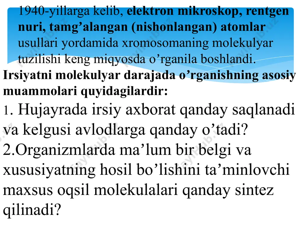 a usulda borishligini koʼrsatdi: 1) qoʼsh zanjir buzilmasdan (konservativ) –yangi dnk molekulasi hosil boʼladi. 2) qoʼsh zanjir ikkiga ajralib (yarim konservativ ), qoʼsh zanjirli dnk molekulasi uzilmasdan bir-biridan ajraladi va har birining qarshisida ularga komplementar (mos) boʼlgan dnk zanjiri hosil boʼladi. 3) qoʼsh zanjir buzilib, boʼlaklarga ajralib (dispersion) yangi dnk zanjiri dastlabki dnk molekulasining buzilishidan vujudga kelgan boʼlaklarining har xil tuzilmasidan hosil boʼladi transport rnk (trnk) barcha trnklar komplementar qismlarining o‘zaro ta'siri hisobiga beda bargi shaklidagi ikkilamchi strukturani hosil qiladi, trnk molekulasida ikkita faol nuqta bo‘lib, bir qismidagi triplet — antikodon bilan irnk (kodoni)ga birlashsa, ikkinchisi — akseptor tomoni bilan aminokislotaga birikadi. trnk molekulasining mustahkam va turg‘un bo‘lishi undagi komplementar qismlar orasidagi vodorod bog’larining ko’pligi bilan belgilanadi. vodorod bog’lari qancha ko’p bo’lsa, molekula shuncha mustahkam va turg‘un bo‘ladi. t-rnk molekulasining ikkita faol nuqtasi boʼlib, biri bilan irnk kodoni (аntikodon) ga birlashsa, ikkinchisi bilan aminokislotaga birikadi rnk ham polimer boʼlib, monomerlari …