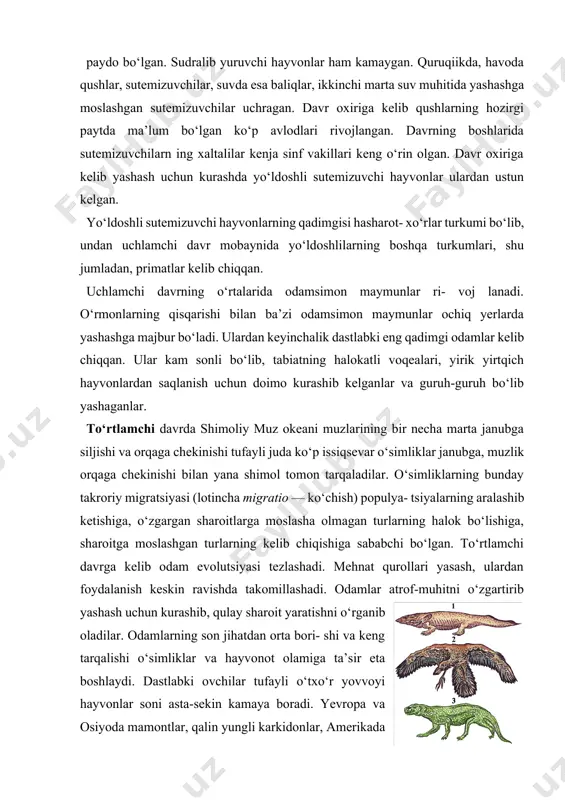 mon tarqaladilar. o‘simliklarning bunday takroriy migratsiyasi (lotincha migratio — ko‘chish) populya- tsiyalarning aralashib ketishiga, o‘zgargan sharoitlarga moslasha olmagan turlarning halok bo‘lishiga, sharoitga moslashgan turlarning kelib chiqishiga sababchi bo‘lgan. to‘rtlamchi davrga kelib odam evolutsiyasi tezlashadi. mehnat qurollari yasash, ulardan foydalanish keskin ravishda takomillashadi. odamlar atrof-muhitni o‘zgartirib yashash uchun kurashib, qulay sharoit yaratishni o‘rganib oladilar. odamlarning son jihatdan orta bori- shi va keng tarqalishi o‘simliklar va hayvonot olamiga ta’sir eta boshlaydi. dastlabki ovchilar tufayli o‘txo‘r yovvoyi hayvonlar soni asta-sekin kamaya boradi. yevropa va osiyoda mamontlar, qalin yungli karkidonlar, amerikada mastodontlar, ot ajdodlari, bahaybat yalqov, dengiz sigiri degan hayvonlar dastlabki ovchilar tomonidan qirilib yuboriladi. yirik o‘txo‘r hayvonlarning qi rilishi ular bilan oziqlanuvchi g‘or arsloni, ayig‘i va boshqa yirtqich hayvonlarning qirilishiga sababchi bo‘ladi. daraxtlar kesilib, ko‘pgina o‘rmonlar o‘rni yaylovlar bilan almashinadi. oraliq formalar. tuzilishiga ko‘ra turli sinf belgilarini o‘zida birlashtirgan organizmlar oraliq formalar deyiladi. (76-rasm) devon davrida yashagan panjaqanotli baliqlar, baliqlar suvda hamda quruqlikda …