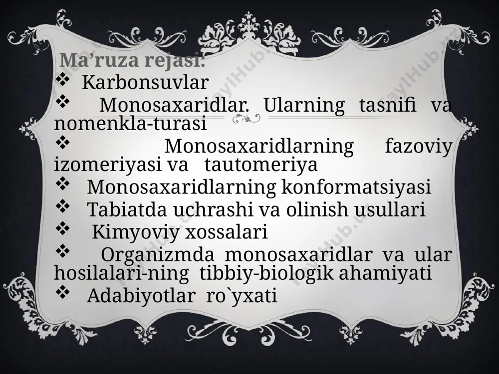 ng tarkibida bo‘ladi. monosaxaridlar gidrolizga uchramaydigan qandsimon moddalardir. tabiatda ko‘proq besh va olti uglerodli monosaxaridlar pentoza va geksozalar uchraydi. 13 m-n, pentozalar-ksiloza, arabinoza, riboza va h.k. geksozalar-glyukoza, fruktoza, mannoza va h.k. ularning tarkibidagi 1 ta uglerod aldegid yoki keton guruhini o‘zida tutadi, qolgan uglerod atomlarida esa 4 ta yoki 5 ta gidroksil guruhlari bo‘ladi. m-n, ribozaning tuzilish formulasi quyidagicha: keltirilgan birikmalarning ichida riboza, 2-dez-oksiriboza, glyukoza-aldozalardir. fruktoza esa -ketozadir. ular ta’mi shirin moddalar bo‘lib, uzumda va shirin mevalarda ko‘p bo‘ladi. ularning eng muhimlari glyukoza (uzum shakari) va fruktoza ( meva shakari) hisoblanadi. monosaxaridlar ochiq uglerod zanjirli va yopiq (tsiklik) zanjirli tuzilishga ega bo‘ladi. buni d glyukoza misolida ko‘ramiz: keto - pentozalar (5-c) aldogeksozlar (6-c) monosaxaridlarni hosilalari 2-дезокси- d-рибоза l-фукоза d-глюкозамин monozlarning olinishi: glukoza birinchi marotaba 1811 yilda rus kim-yo-gari g.e. kirxgof tomonidan kraxmalni gidroliz qilib olingan. sanoatda glukozani kraxmalni sulfat kislota ishtirikida gidroliz qilib olinadi: (c6h10o5)n(крахмал) + n h2o → → …