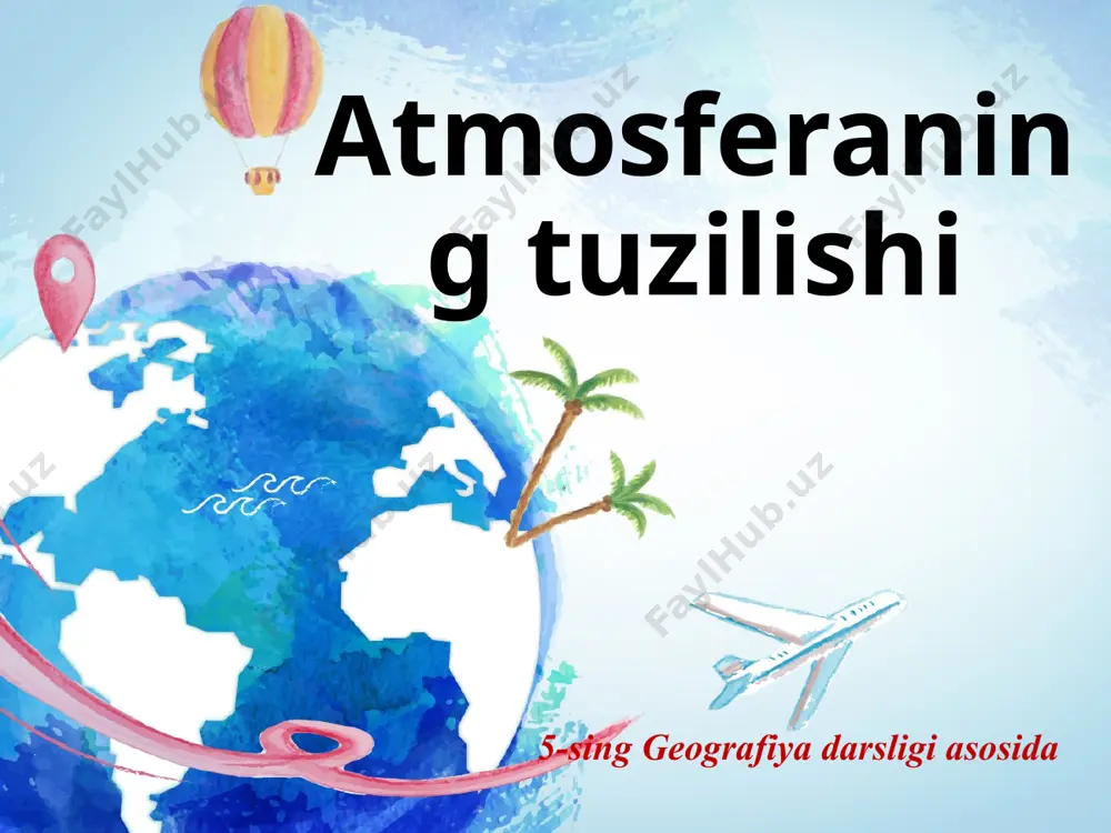 yuqoriga ko‘tarilgan sari havo isib, +10°c gacha ko‘tariladi. mezosfera, termosfera va ekzosfera — (yunoncha «mesos» - o‘rta, «therme» — issiq, «ekzos» — tashqi) atmosferaning yuqori qatlamlaridir. bu qatlamlarda havo juda siyrak va koinotdan keladigan nurlar ta’sirida elektr tokini yaxshi o‘tkazadigan bo‘lib qolgan. atmosferani o‘rganish. inson juda qadim zamonlardan ob-havoni, atmosferada bo‘ladigan hodisalarni kuzatib keladi. atmosferada ro‘y beradigan ayrim hodisalar havo aynib, yomg‘ir yog‘ishidan, boshqa hodisalar esa havo ochilishi, quyoshli kunlar bo‘lishidan darak berishini odamlar qadimdan anglab olganlar. hozirgi vaqtda atmosfera, unda ro‘y beradigan hodisalar dunyoning turli joylaridagi minglab meteorologik stansiyalarda o‘rganiladi. bu ishda elektron hisoblash mashinalari, kompyuterlar, havo sharlari, meteorologik raketalar, yerning sun’iy yo‘ldoshlaridan foydalaniladi. savol va topshiriqlar: 1. atmosfera nima va uning qanday ahamiyati bor? 2. havo qanday gazlardan tarkib topgan? 3. insonning atmosfera havosi tarkibiga ta’siri haqida gapirib bering. 4. atmosfera qanday qatlamlardan tuzilgan? image2.jpg image3.jpeg image4.jpeg image5.jpeg image6.jpeg image7.jpeg image8.jpeg image9.jpeg image10.png image11.png image12.jpg image13.jpeg image14.jpeg image15.jpeg …