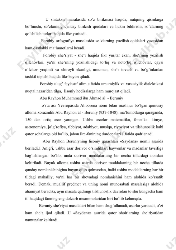 mmolaridan biri bo’lib kelmoqda. beruniy she‘riyat masalalari bilan ham shug’ullanadi, asarlar yaratadi, o’zi ham she‘r ijod qiladi. u «saydana» asarida qator shoirlarning she‘riyatidan namunalar keltiradi. beruniy asardagi 29 bob va 1116 maqolada dorivor moddalarning nomiga izoh beradi. har bir bob bir harfga bag’ishlanadi. u asarda 4500 dan ortiq arabcha, yunoncha, suriyacha, forscha, xorazmiycha, so’g’dcha, turkcha va boshqa tillardan o’simlik, hayvon, dorivorlar nomlarini to’playdi va izohlaydi. demak, «saydana» asari ayni vaqtda dorivor moddalar nomlarining izohli lug’ati sifatida ham qadrlanadi. muallif asarda dorivor moddalar nomini arab alifbosi tartibida joylashtiradi. bir harf bilan boshlanuvchi bir necha so’z bo’lsa, ular shu harf bobida ichki alfavit asosida beriladi. mazkur lug’at ham izohli, ham tarjima, ham etimologik, ham dialektologik lug’at sifatida alohida ahamiyatga egadir. abu ali ibn sino ovrupoda avitsenna nomi bilan mashhur bo’lgan va sharqda ulug’lab, «shayhurrais» nomi bilan atalgan vatandoshimiz abu ali ibn sino (980-1037) turli sohalarda, shu jumladan, tilshunoslik bobida ham bir qancha …