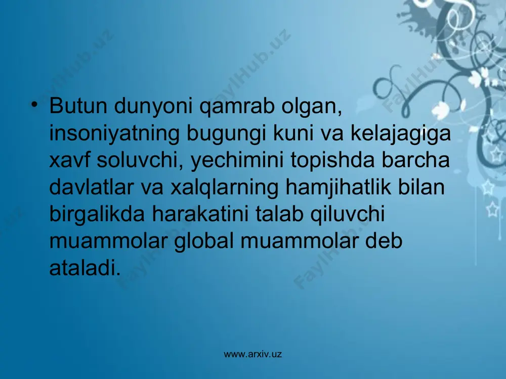 muammolarining sabablari va hal qilish yo’llari. hozirgi vaqtda energetika va xomashyo muammosi iqtisodiyot va ishlab chiqarish bilan bog’liq bo’lgan eng dolzard muammolardan biridir. mazkur muammolarning kun tartibiga birichi bor chiqishi xx asrning 70-yillarida qayd etildi. 1973-yilda yuz bergan energetika muammosi va uning oqibatlari hozirgi kungacha sezilmoqda. energetik inqiroz va undan keyingi chuqurlashgan hom ashyo muammosi yoqilg’i va xomashyoga bo’lgan talab va taklif nisbati bilangina belgilanmasdan, balik ularni qazib chiqarish sharoitlari, dastavval kongeologik sharoitlarning murakkablashuvi hamda xomashyo qazib olinayotgan va u birlamchi qayta ishlanayotgan hududlarda ekologik vaziyatning yomonlashuvi bilan ham bog’langandir. www.arxiv.uz www.arxiv.uz global oziq-ovqat muammosi insoniyatning eng qadimgi muammolaridan biri hisoblanadi. ocharchilik qadimgi davrlarda ham, o’rta asrlarda ham, hozirgi vaqtda ham insonlarning boshiga tushgan eng katta kulfatlardan biri bo’lgan. ocharchilik 2 shaklda namoyon bo’ladi. birinchi shakilda ocharchilik surunkali davom etadi, uning natijasida odamlarning sog’lig’i yomonlashadi, tinkasi qurioydi va harhil kasalliklarga chalinishi ehtimoli kuychayadi. ocharchilikning bu shakli “to’yib ovqat yemaslik” deb …