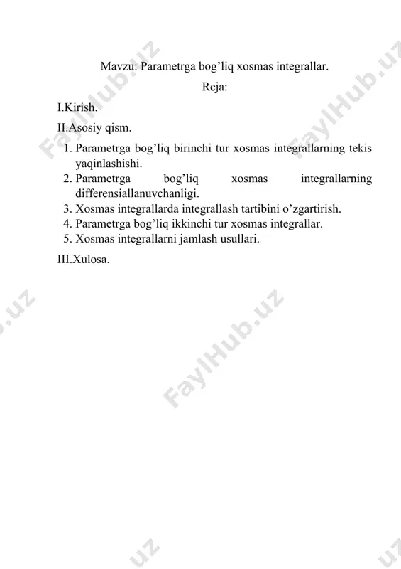 xosmas integrallar mavzusi asosan 5 ta paragrafda keng yoritilib berilgan. ya’ni parametrga bog’liq birinchi va ikkinchi tur xosmas integrallarni tekis yaqinlashishi, differensiallanuvchanligi, xosmas integrallarni integrallash tartibini o’zgartirish hamda xosmas integrallarni jamlash usullari ta’rif va teoremalar yordamida keng yoritilgan. 1.parametrga bog’liq birinchi tur xosmas integrallarning tekis yaqinlashishi. faraz qilaylik, funksiya yarim tasmada berilgan bo’lib, har bir uchun yarim to’g’ri chiziqda xosmas ma’noda integrallanuvchi bo’lsin. u holda, parametrga bog’liq birinchi tur xosmas integral deb ataluvchi quyidagi funksiya kesmada aniqlangan bo’ladi. eslatma: ikki va undan ortiq parametrga bog’liq xosmas integrallar ham xuddi shunday aniqlanadi. masalan, navbatdagi va ikki integral va parametrlarga bog’liq xosmas integrallardir. bu integrallarning istalgan parametr uchun yaqinlashishi va tengliklardan kelib chiqadi. haqiqatdan, bu tengliklarda deb limitga o’tsak, va munosabatlarga ega bo’lamiz. ta’rif: agar (1) xosmas integrallar yaqinlashuvchi bo’lib, istalgan olganda ham shunday a>0 son topilsaki, barcha lar uchun baho bajarilsa, bu xosmas integralni parametr bo’yicha tekis yaqinlashadi deymiz. eslatma: faraz …
