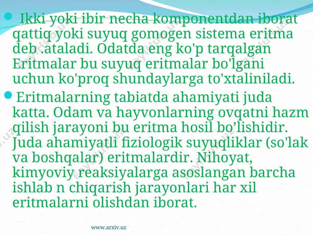 yiladi. tuz, kislota va asoslarning suvdagi eritmalari yana bir muhim xususiyatga ega: ular elektr tokini o’tkazadi. shuning uchun bu eritmalar elektrolitmaslardan, ya’ni eritmalari elektr tokini o’tkazmaydigan moddalardan farqli o’laroq elektrolitlar deyiladi. shved olimi s. arrenius eritmalarning xossalarini o’rganib (1887) quyidagicha xulosaga keldi: tuz, kislota, asoslar eritmalarida osmotik bosimning ko’tarilishi, muzlash temperaturasining pasayishi va qaynash temperaturasining ko’tarilishi hamda ularning elektr tokini o’tkaza olish xususiyatining hammasi bitta narsadan kelib chiqadi. bu hodisalarning hammasiga sabab shuki, elektrolitlar suvdagi eritmalarida dissotsilanadi, ya’ni musbat va manfiy zaryadlangan ionlar ajraladi. musbat zaryadlangan ionlar kationlar, manfiy zaryadlangan ionlar esa anionlar deyiladi. www.arxiv.uz www.arxiv.uz elektrolitlar eritmalarida uzluksiz harakatda bo’ladigan ionlarning borligi bu eritmalarning elektr o’tkazuvchanligiga sabab bo’ladi. elektrolit ionlarga ajralganda bitta molekuladan ikki va undan ortiq ion hosil bo’lishi natijasida eritmadagi zarrachalarning umumiy soni ortadi. shuning uchun elektrolit eritmasining osmotik bosim, muzlash temperaturasining pasayish va qaynash temperaturasining ko’tarilish kattaliklari xuddi shunday konsentrasiyali elektrolitmas eritmanikidan ancha yuqori bo’ladi. ya. …