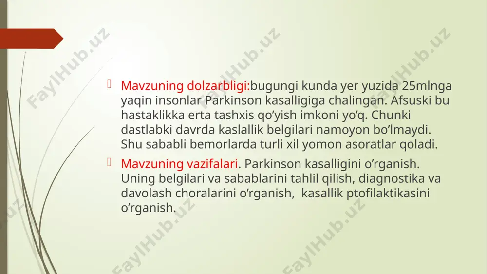 3. elektroterapiya; 4. fizioterapiya; 5. karbidopa va levodopa. 6. jarrohlik (miya stimulyatsiyasi, talamusning venterolateral yadro destruksiyasi, subtalamik yadro destruksiyasi; 7. vitaminlar 11 xavf guruhi: nasliy moyillik; 50 yoshdan kattalar asoratlari: 1.tez-tez travmalanish; 2.fikrlashning buzilishi; 3.siydik chiqarishning buzilishi; 4.surunkali qabziyat; 5. og’ir bosqichli o’lim holati. profilaktikasi: 1.ratsional ovqatlanish; 2.meva va sitruslilar ko’p iste’mol qilish; 3.faol turmush tarzi. image1.jpeg image2.jpeg image3.jpeg image4.jpeg image5.jpeg image6.jpeg image7.jpeg image8.jpeg image9.jpeg