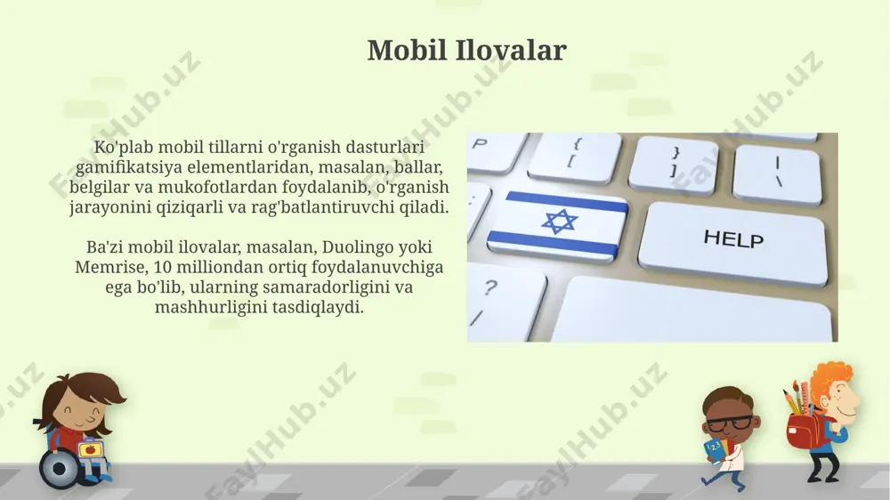 lug'at boyitish bo'yicha 10 ta testni o'z ichiga oladi. kompyuterlashtirilgan til o'rganish dasturlari umumiy ko'rinishi ba'zi dasturlar sun'iy intellekt texnologiyalarini qo'llab, foydalanuvchining o'rganish uslubi va qiyinchiliklariga moslashuvchan, individual yondashuvni ta'minlaydi, bu esa o'rtacha o'rganish vaqtini 25% ga qisqartiradi. ko'plab dasturlar, masalan, duolingo yoki memrise kabi, gamifikatsiya elementlaridan foydalanib, o'rganish jarayonini qiziqarli va rag'batlantiruvchi qiladi, natijada 30% ga yaqin samaradorlik o'sishi kuzatiladi. baholovchi tizimlar ba'zi baholovchi tizimlar, o'quvchining 2000 dan ortiq so'z va iboralarni o'z ichiga olgan lug'atini shakllantirishga va ularni amalda qo'llash ko'nikmalarini kuzatishga imkon beradi. sözlashuv malakalarini baholashda, baholovchi tizimlar 90% dan ortiq aniqlik bilan talaffuzni tahlil qilish, soʻz boyligini aniqlash va grammatik toʻgʻriligini tekshirish imkoniyatiga ega. e'tiboringiz uchun rahmat @taqdimot_robot image6.jpg image7.jpg image8.jpg image9.jpg image10.jpg image11.jpg image12.jpg image13.jpg image14.jpg image15.jpg image16.jpg image17.jpg image18.jpg image19.jpg image20.jpg image21.jpg image22.jpg image1.png