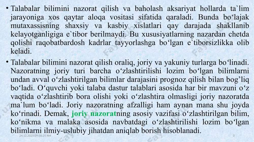 • nazorat usullari (yozma, pedagogik test); • baho shkalasi; • talabaga qoʻyilgan bahoni predmet boʻyicha umumiy baho (ball) ga birlashtirish. buni “informatikani o’qitish texnologiyalari va loyihalashtirish” fani boʻyicha joriy etilib kelinayotgan reyting ishlanmasi misolida quyidagicha koʻrsatish mumkin: 21.02.2022 19:16:43 6 ma`ruza – 22 soat, laboratoriya – 20 soat, seminar 18 - soat, jami - 60 soat 21.02.2022 19:16:43 7 ioʻm 3-kurs. baholash mezoni: maksimal ball - 100 ball. oʻtish bali - 60 ball. “a’lo” - 90 dan 100 gacha (90-100 %) ‘yaxshi’ - 80 dan 89 gacha (80-89 %) ‘qoniqarli’ - 60 dan 79 gacha (60-79 %) “qoniqarsiz” – 59 ball va undan past to’plaganlar. (59 % dan past) 21.02.2022 19:16:43 8 talabalarning bilimlarini nazorat qilish va baholash texnologiyasi yanada takomillashmog’i zarur. ta`lim-tarbiyaning faol innovatsion noan’anaviy yoʻllarini yaratish va ularni amaliyotga tatbiq etish, mustaqil fikrlash asosida ijodiylik muammolilikni talab etadi. shunga muvofiq, ta`lim-tarbiya jarayonini takomillashtirish hamkorlik faoliyatiga, ya’ni “subyekt-subyekt” munosabatiga …