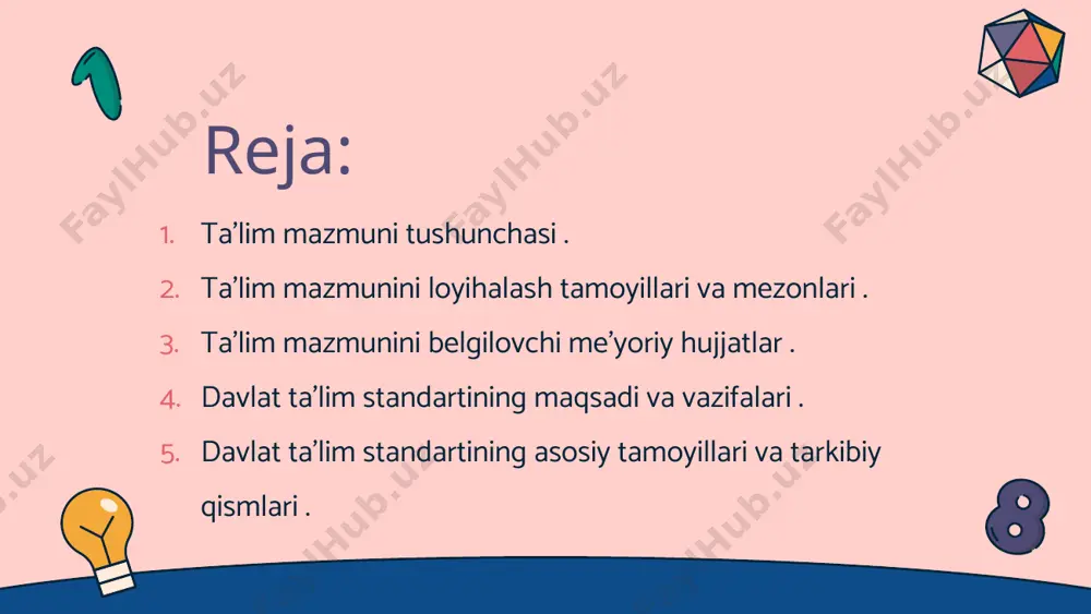 i. ta’lim mazmunini insonparvarlashtirish tamoyili. bu tamoyil birinchi navbatda o'quvchilarning umuminsoniy va milliy madaniyatni faol ijodiy va amaliy o'zlashtirishlari uchun shart-sharoitlar yaratish bilan bog'liqdir. buning uchun insonparvar g'oyalar umumiy ta’lim mazmuniga singdirilishi kerak. bu esa o'z navbatida ijtimoiy-gumanitar va tabiiy-ilmiy fanlarning o'zaro bog'liqligi va o'zaro munosabatlari tamoyilining o'zgartirilishini talab etadi, uning asosini shaxsga yo'nalganlik tashkil etishi zarur. ta’lim mazmunining yaxlit strukturaga aloqadorlik tamoyili. bu tamoyil ta’lim tizimining turli bosqichlarida nazariy bilimlarning berilishi, o'quv fani, o'quv materiali, pedagogik faoliyat, o'quvchi shaxsi kabi komponentlarining o'zaro mosligini ko'zda tutadi. ta’lim mazmunining ketma-ketligi tamoyili. mazkur tamoyil ta’lim mazmunini o'sib boruvchi yo'nalishda rejalashtirishdan iborat bo'lishini anglatadi, bunda birinchi navbatda har bir yangi bilim avvalgisiga tayanadi va undan kelib chiqadi. ta’lim mazmunini fundamentallashtirish tamoyili . bu tamoyil ta’limni insonparvarlashtirishdagi to'siqlarini yo'qotishga imkon beradi. u ijtimoiy-gumanitar va tabiiy-ilmiy bilimlari birlashtirish, ketma-ketlikni o’rnatib va fanlararo aloqalarni o'quvchilarning idrok etishi va amaliy faoliyat metodologiyasining mohiyatini anglab yetishlariga tayanishni talab …