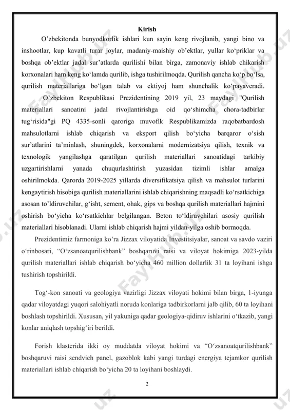 illion dollarlik 31 ta loyihani ishga tushirish topshirildi. togʻ-kon sanoati va geologiya vazirligi jizzax viloyati hokimi bilan birga, 1-iyunga qadar viloyatdagi yuqori salohiyatli noruda konlariga tadbirkorlarni jalb qilib, 60 ta loyihani boshlash topshirildi. xususan, yil yakuniga qadar geologiya-qidiruv ishlarini oʻtkazib, yangi konlar aniqlash topshigʻiri berildi. forish klasterida ikki oy muddatda viloyat hokimi va “oʻzsanoatqurilishbank” boshqaruvi raisi sendvich panel, gazoblok kabi yangi turdagi energiya tejamkor qurilish materiallari ishlab chiqarish boʻyicha 20 ta loyihani boshlaydi. “oʻzsanoatqurilishbank” boshqaruvi raisiga, shuningdek, “sanoat ipotekasi” dasturini boshlab, tadbirkorlarga 2 yillik imtiyozli davr bilan 7 yil muddatga birinchi bosqichda 50 million dollar resurs ajratish topshirigʻi berildi. bundan tashqari, “oʻzsanoatqurilishbank” boshqaruvi raisiga ikki oy muddatda qurilish materiallari boʻyicha jizzaxda “tadbirkorlar maktabi”ni tashkil etish topshirildi. 2022- yilning yanvar-sentabr oylarida jizzax viloyatida jami 2534,6 mlrd. so‘mlik qurilish ishlari bajarilib, o‘sish sur’ati 2021- yilning mos davriga nisbatan 106,0 % ni tashkil etdi. qurilish ishlari hajmida yirik qurilish tashkilotlari tomonidan bajarilgan ishlar …
