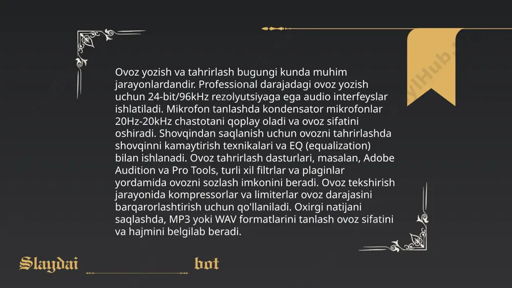 turga bo'linadi: yo'qotishli (lossy) va yo'qotishsiz (lossless). yo'qotishli siqish usullari axborot sifatini ma'lum darajada yo'qotishi mumkin, lekin fayl hajmi sezilarli darajada kamayadi. bilinen zip va rar formatlari kabi yo'qotilishsiz siqish esa original fayl sifatini saqlaydi. zamonaviy axborot uzatishda siqish muhim ahamiyatga ega, chunki u internet trafigini va saqlash xarajatlarini kamaytiradi. ... t.me/slaydai_bot raqamli fotografiya raqamli texnologiyalar yordamida surat olish va saqlash jarayonini ifodalaydi. bu texnologiya sensorlar orqali nur to'plab, raqamli formatda tasvirlarni yaratadi. birinchilardan bo'lib, 1975-yilda kodak tomonidan yaratilgan. hozirgi vaqtda raqamli kameralar megapiksel (mp) o'lchovi bilan baholanadi. masalan, zamonaviy smartfon kameralarida 12 mp dan 108 mp gacha bo'lgan variantlar mavjud. raqamli suratlar jpeg yoki raw formatida saqlanadi. raqamli fotografiya rang qayta ishlash, kontrastni oshirish, va boshqa ko'plab moslamalarni oson boshqarish imkonini beradi. shu bilan birga, raqamli fotografiya yordamida osongina tahrirlash, nusxalash va internetga yuklash imkoniyati mavjud. ... t.me/slaydai_bot 12. ovoz va video kodlash - bu audio va video ma'lumotlarini …