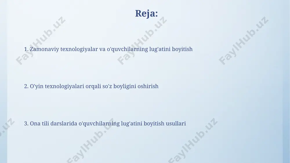 abi 3 ta asosiy usuldan foydalanish va har bir so'zga kamida 5 ta jumla tuzish orqali so'z boyligini kengaytirish mumkin. o'quvchilarning mustaqil lug'at bilan ishlash ko'nikmalarini rivojlantirish maqsadida haftada 2 marta 15 minutlik mashg'ulotlar o'tkazish va har bir mashg'ulotda kamida 10 ta yangi so'z o'rganish samarali hisoblanadi. krossvordlar va jumboqlar har bir krossvord yoki jumboq 5-10 ta mavzuga oid so‘z boyligini kengaytirib, semantik maydonlarni chuqurroq tushunishga imkon beradi. jumboqlar, ayniqsa, mantiqiy jumboqlar, o‘quvchilarning fikrlash qobiliyatini rivojlantirib, 15-25 ta yangi so‘z birikmalarini o‘zlashtirishga yordam beradi. talabalarning individual xususiyatlarini hisobga olish har bir talabaning oldingi bilimlari va lug'at hajmini baholash orqali (masalan, 50 so'zdan iborat test yordamida) shaxsiy o'rganish rejalarini tuzish mumkin. talabalarning lug'at boyligini oshirishda ularning 3 ta asosiy o'rganish uslubini (vizual, auditoriy, kinestetik) hisobga olish orqali individual yondashuvni qo'llash samarali natijalar beradi. adabiyot asarlarini tahlil qilish адабиёт асарларини таҳлил қилиш жараёнида 5 тадан ортиқ шеърий воситаларни (метафора, эпитет ва ҳ.к.) …