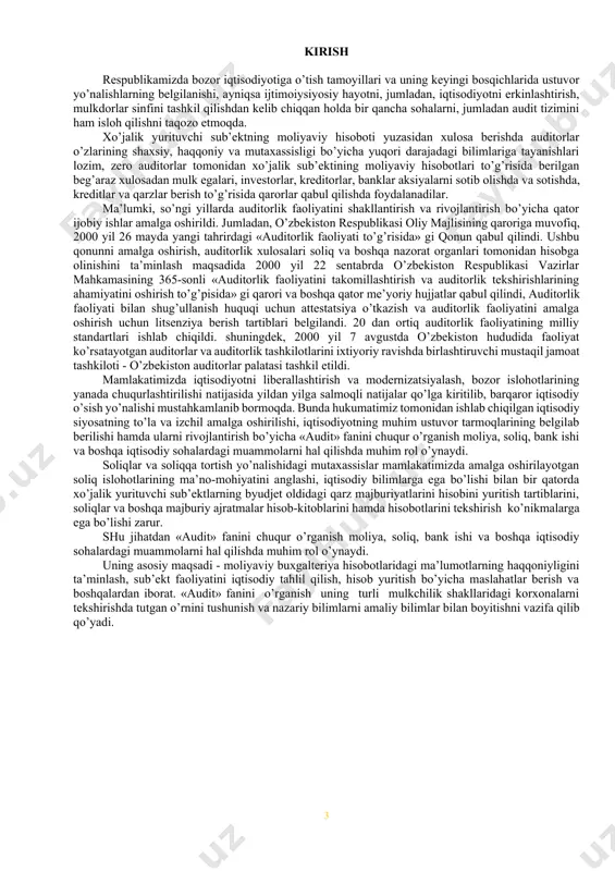 isobotlarini tekshirish ko’nikmalarga ega bo’lishi zarur. shu jihatdan «audit» fanini chuqur o’rganish moliya, soliq, bank ishi va boshqa iqtisodiy sohalardagi muammolarni hal qilishda muhim rol o’ynaydi. uning asosiy maqsadi - moliyaviy buxgalteriya hisobotlaridagi ma’lumotlarning haqqoniyligini ta’minlash, sub’ekt faoliyatini iqtisodiy tahlil qilish, hisob yuritish bo’yicha maslahatlar berish va boshqalardan iborat. «audit» fanini o’rganish uning turli mulkchilik shakllaridagi korxonalarni tekshirishda tutgan o’rnini tushunish va nazariy bilimlarni amaliy bilimlar bilan boyitishni vazifa qilib qo’yadi. 1-mavzu: audiт mohiyaтi, maqsadi va vazifalari reja: 1. auditning paydo bo’lishi va rivojlanishi. 2. auditorlik faoliyatining mohiyati, maqsadi va vazifalari. 3. auditorlik tekshiruvining turlari. 4. хorijda auditorlik faoliyati. тayanch iboralar: (moliyaviy nazorat, audit, auditning ma’lumot manbalari, auditor, auditorlik tashkiloti, majburiy audit, tashabbusli audit, auditorlik tashkilotlarining professional xizmatlari) 1. auditning paydo bo’lishi va rivojlanishi ma’lumki, har qanday voqea, hodisa, buyum qaysi zamonda va makonda paydo bo’lishidan qat’iy nazar ma’lum zaruriyat tufayli yuzaga keladi. auditga oid manbalarda ta’kidlanishicha, uni quyidagi shart-sharoitlar …